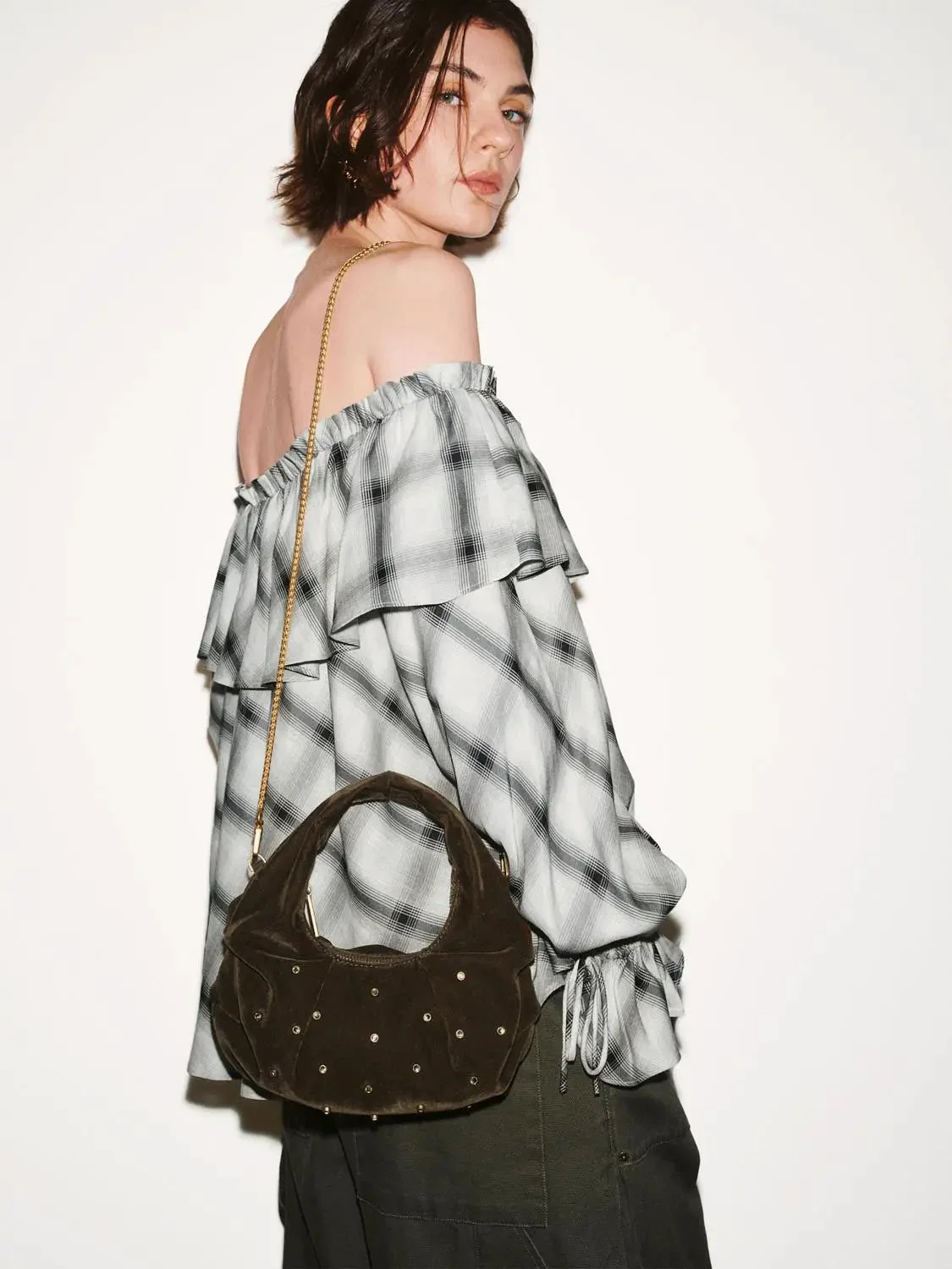 22512-off-shoulder-ruffle-detail-contrast-check-overhead-shirts-2.webp Off Shoulder Ruffle Detail Contrast Check Overhead Shirts