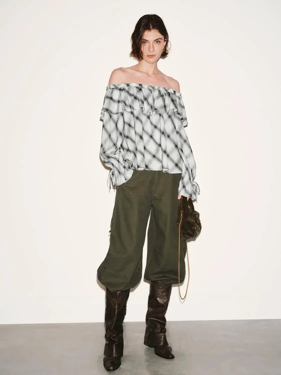 22512-off-shoulder-ruffle-detail-contrast-check-overhead-shirts-4.webp Off Shoulder Ruffle Detail Contrast Check Overhead Shirts