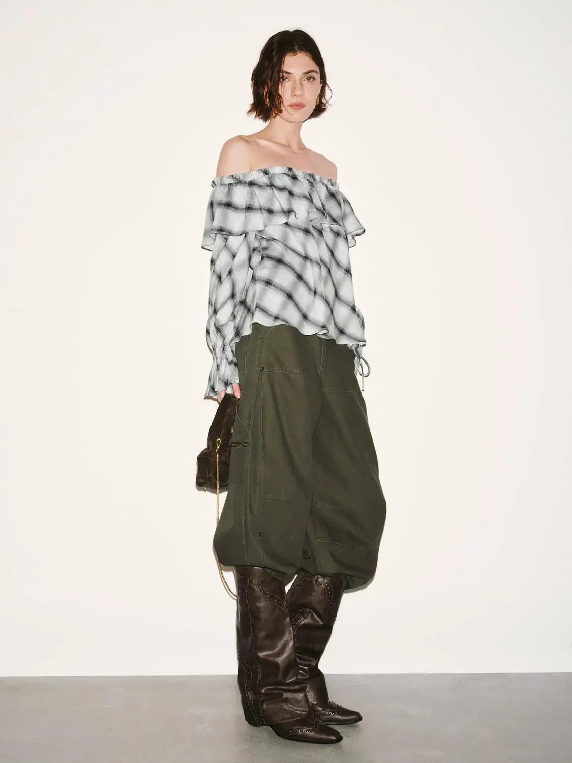 22512-off-shoulder-ruffle-detail-contrast-check-overhead-shirts-5.webp Off Shoulder Ruffle Detail Contrast Check Overhead Shirts