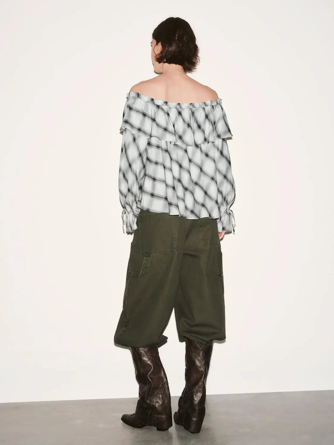 22512-off-shoulder-ruffle-detail-contrast-check-overhead-shirts-6.webp Off Shoulder Ruffle Detail Contrast Check Overhead Shirts