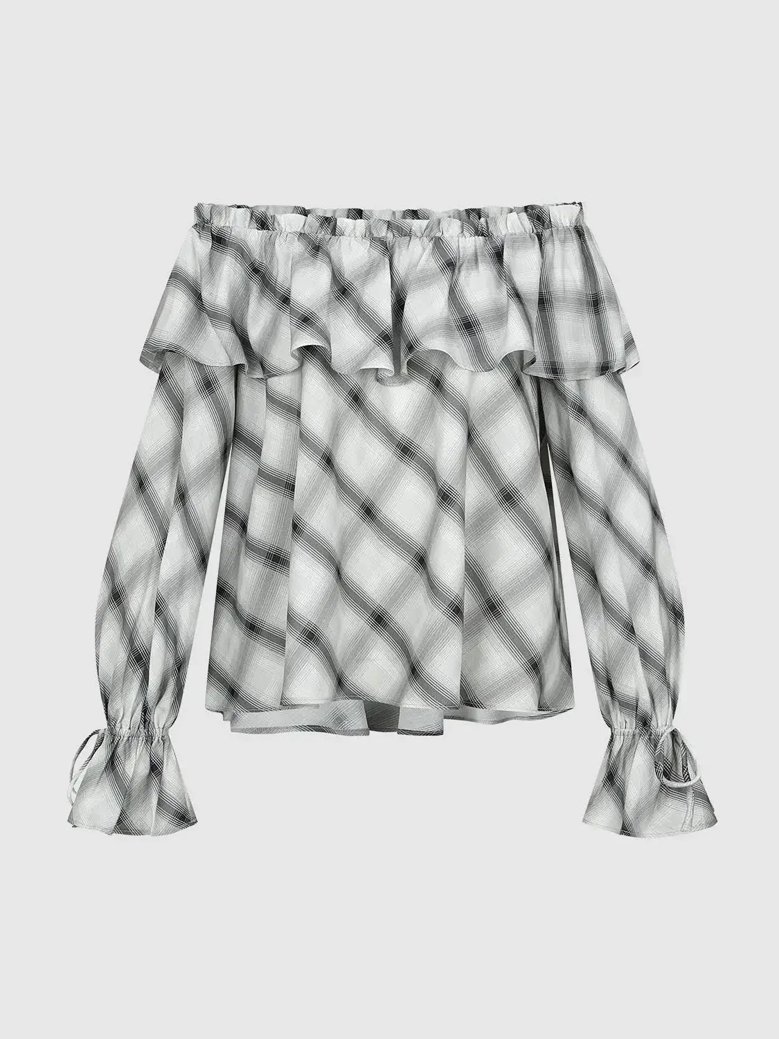 22512-off-shoulder-ruffle-detail-contrast-check-overhead-shirts-7.webp Off Shoulder Ruffle Detail Contrast Check Overhead Shirts