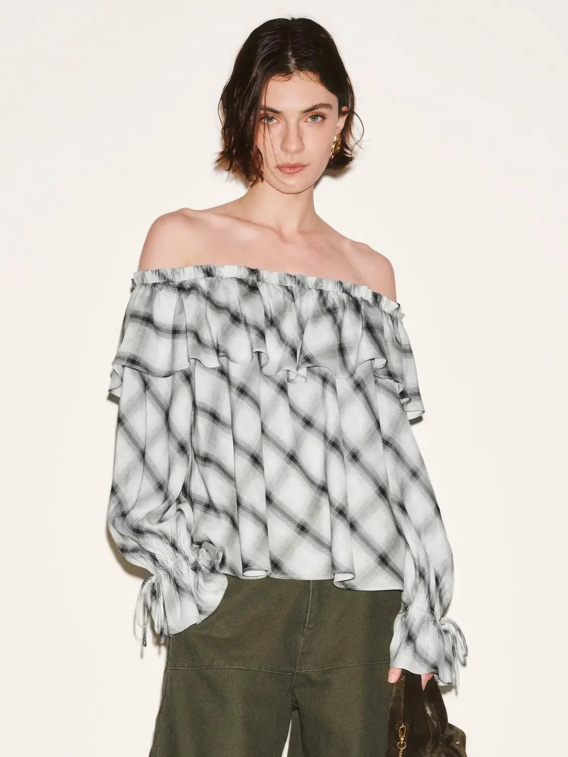 22512-off-shoulder-ruffle-detail-contrast-check-overhead-shirts-9.webp Off Shoulder Ruffle Detail Contrast Check Overhead Shirts