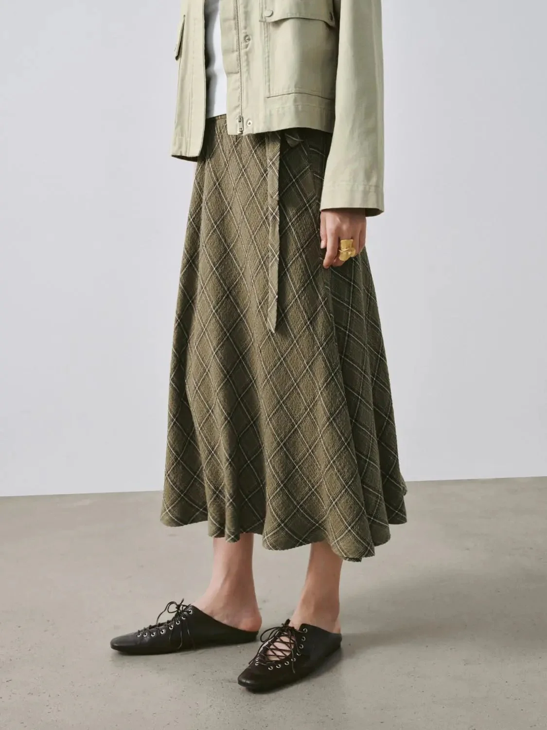 Contrast Check Tie Belted A-Line Midi Skirts