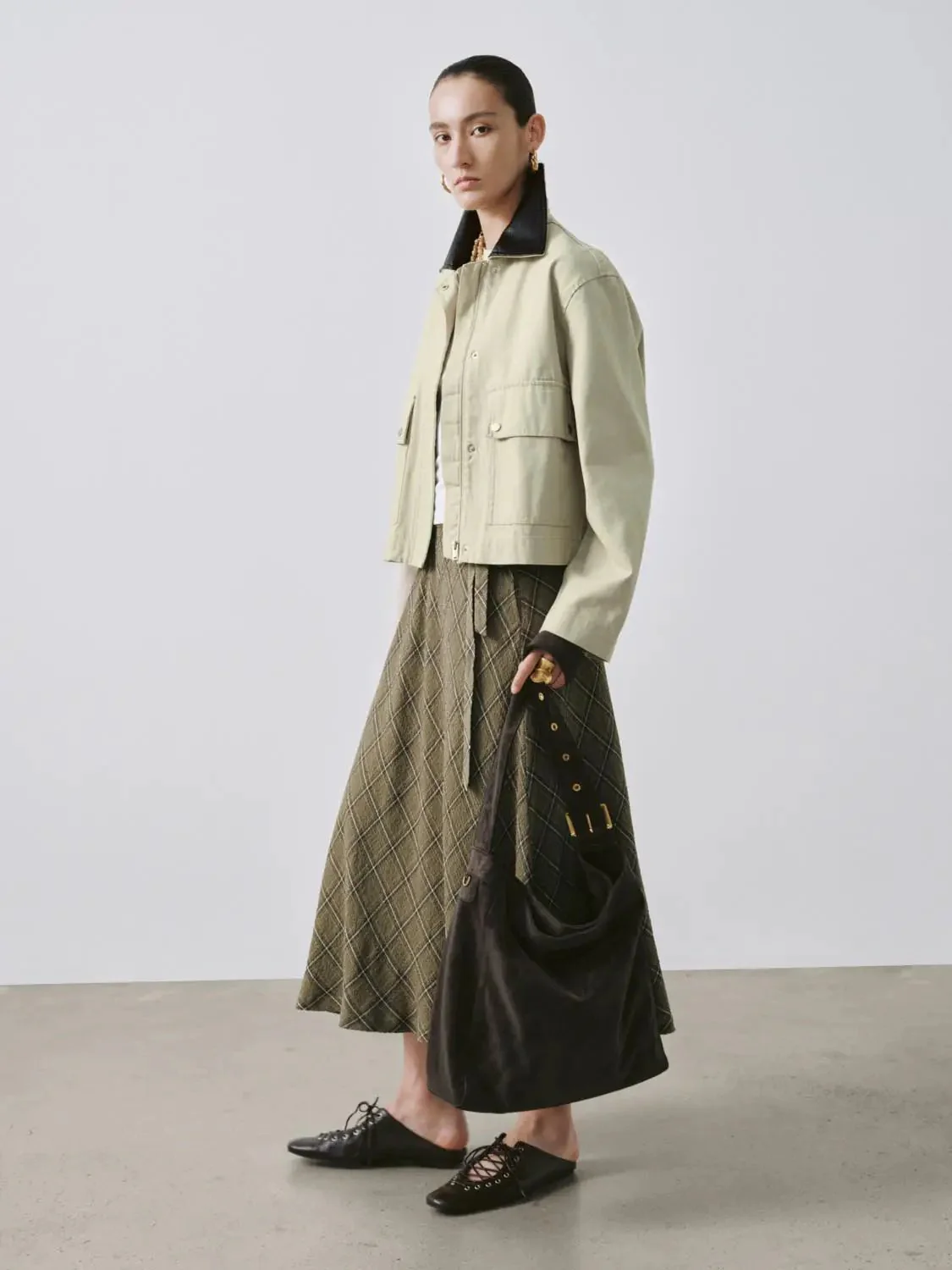 Contrast Check Tie Belted A-Line Midi Skirts