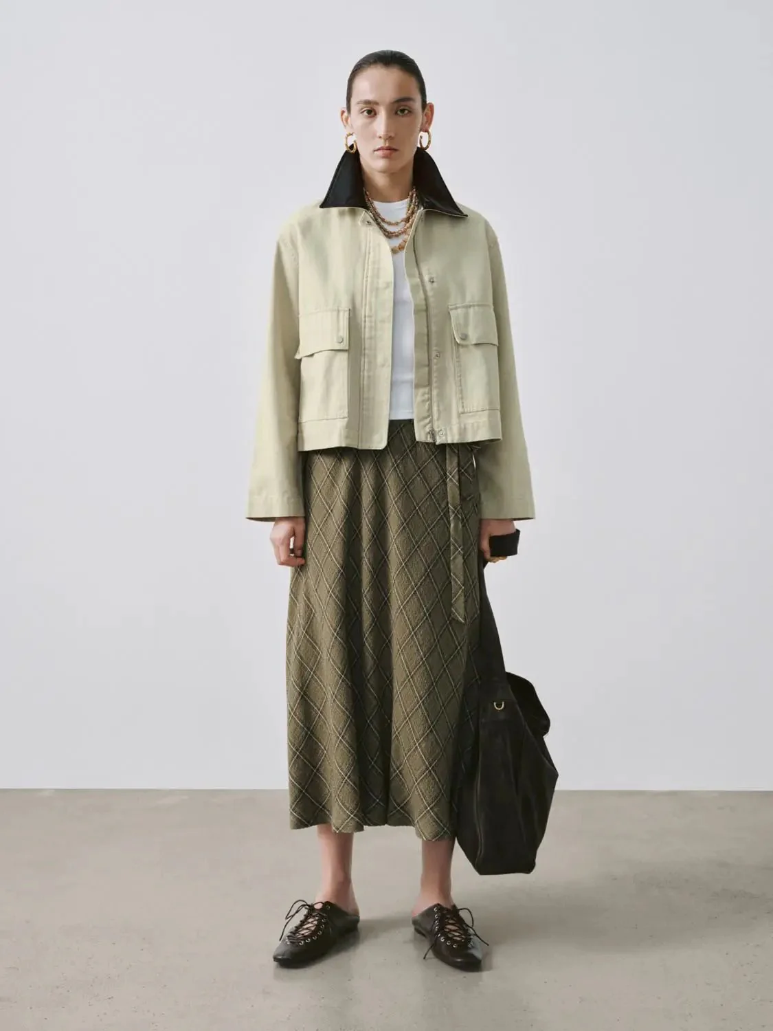 Contrast Check Tie Belted A-Line Midi Skirts