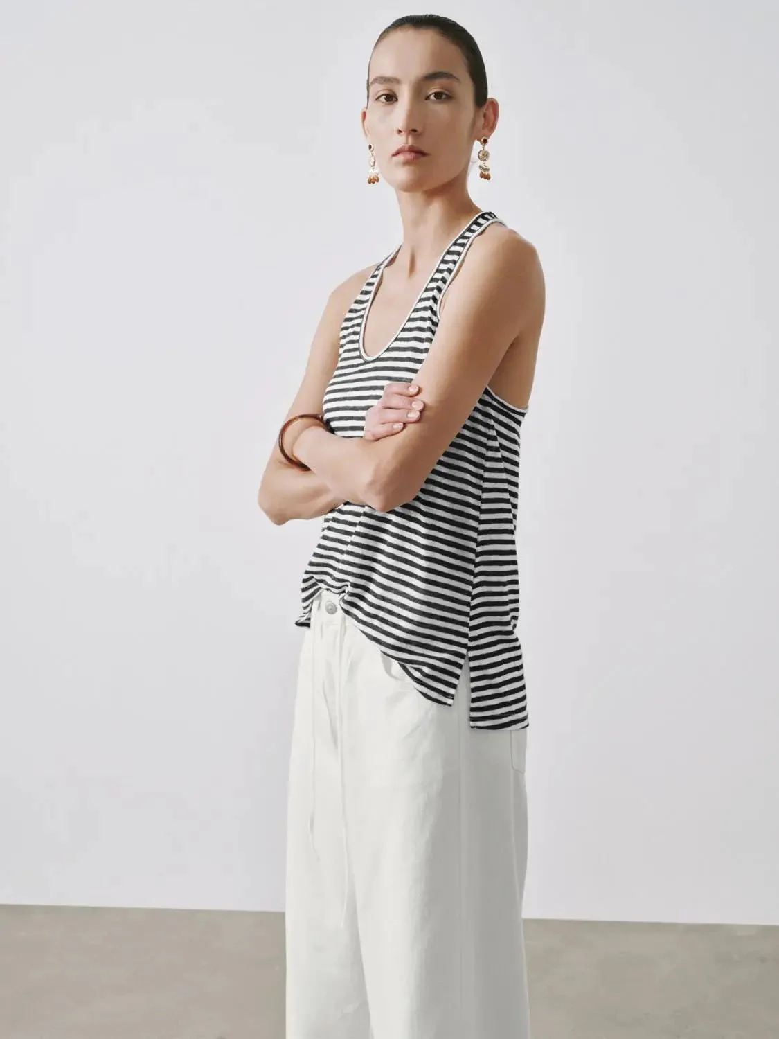 Viscose Linen Blend Striped U Neck Tank Top