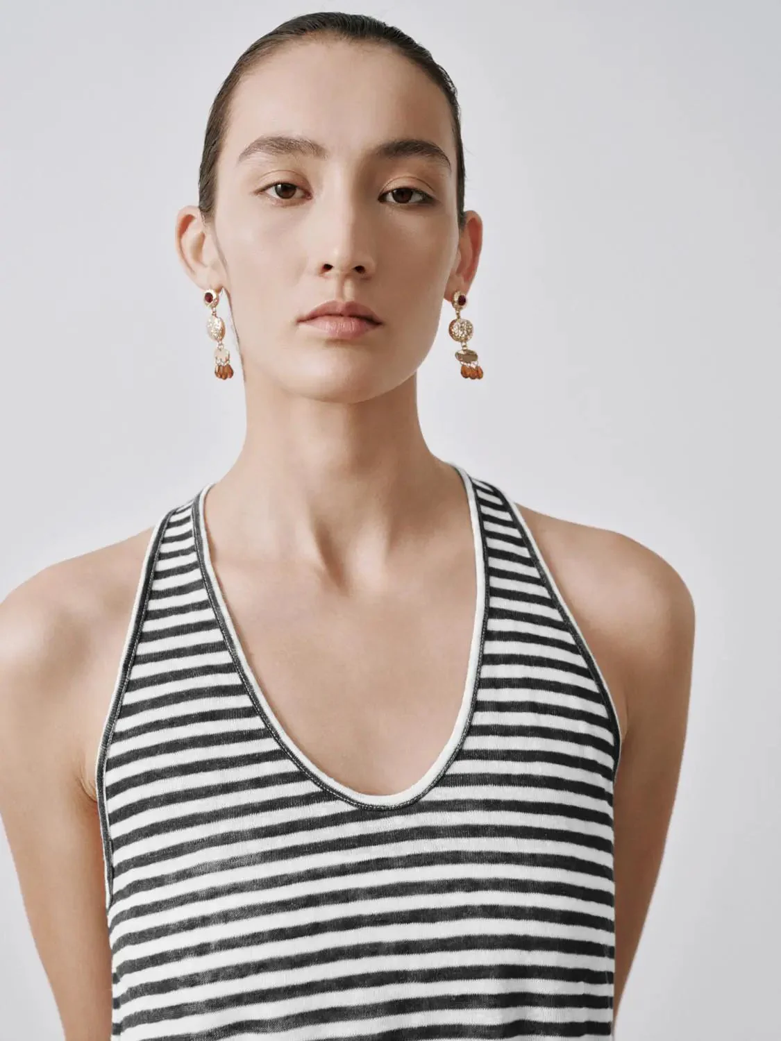 Viscose Linen Blend Striped U Neck Tank Top