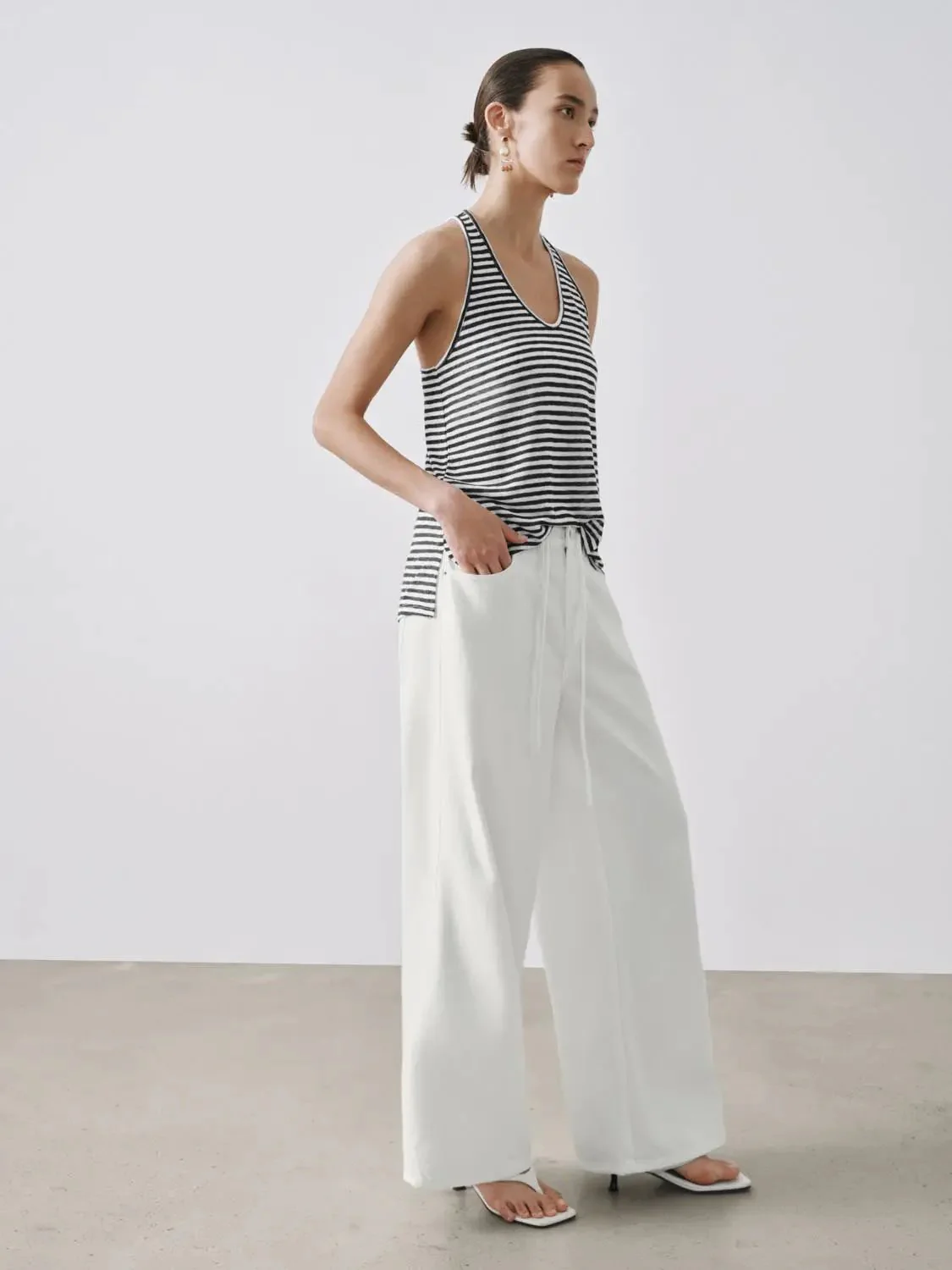 Viscose Linen Blend Striped U Neck Tank Top