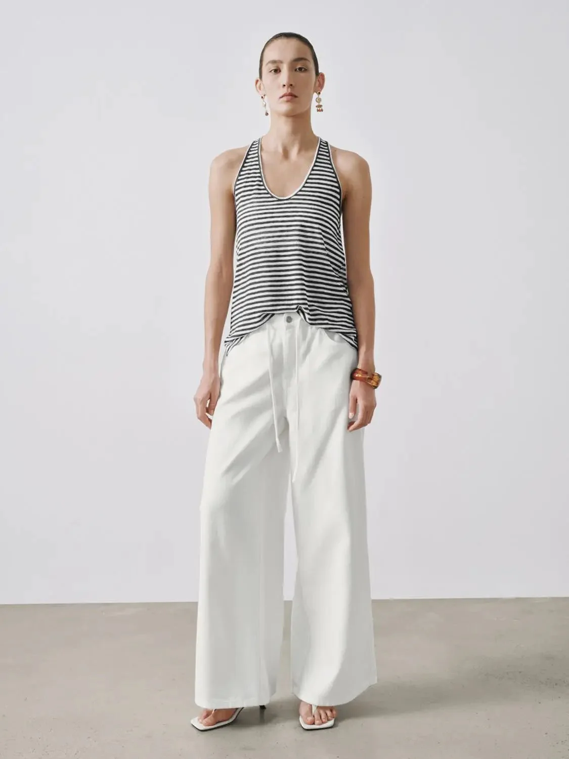 Viscose Linen Blend Striped U Neck Tank Top