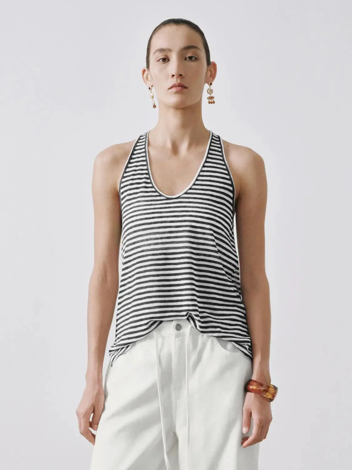Viscose Linen Blend Striped U Neck Tank Top