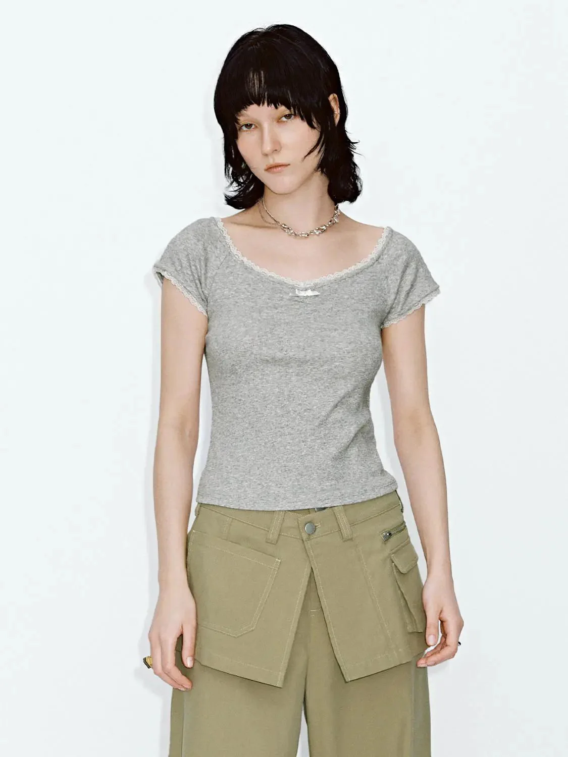 Lace Trim Scoop Neck Capped Sleeve Cotton Blend Tee