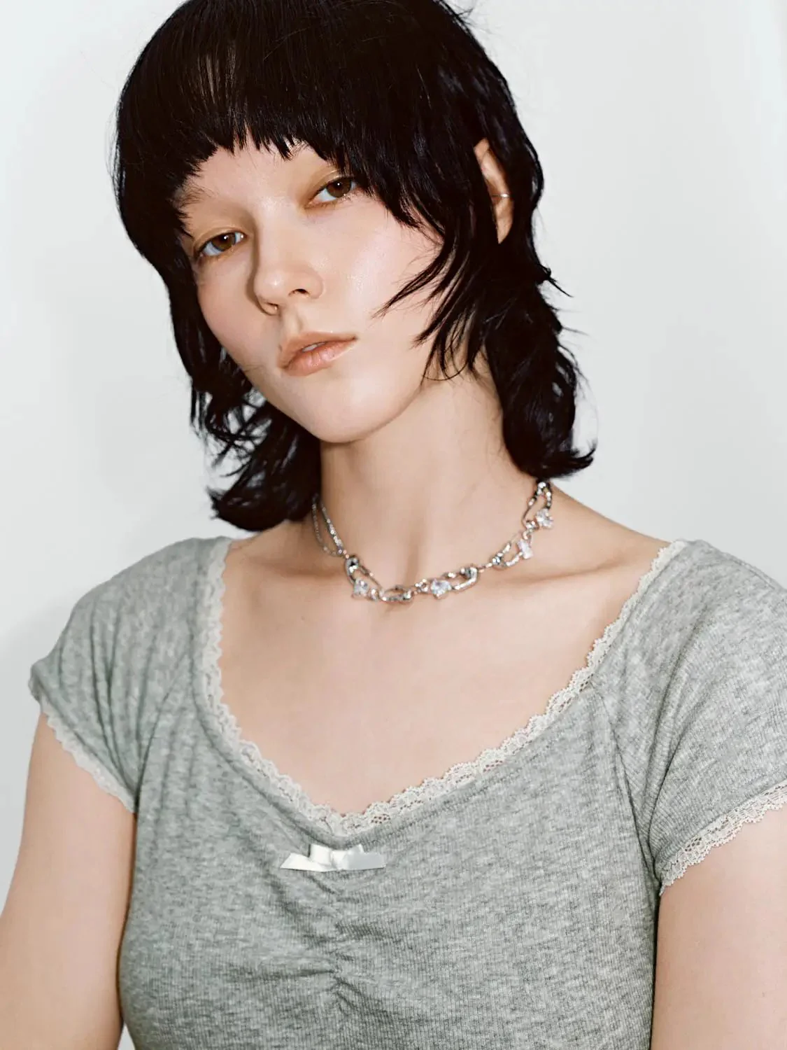 Lace Trim Scoop Neck Capped Sleeve Cotton Blend Tee