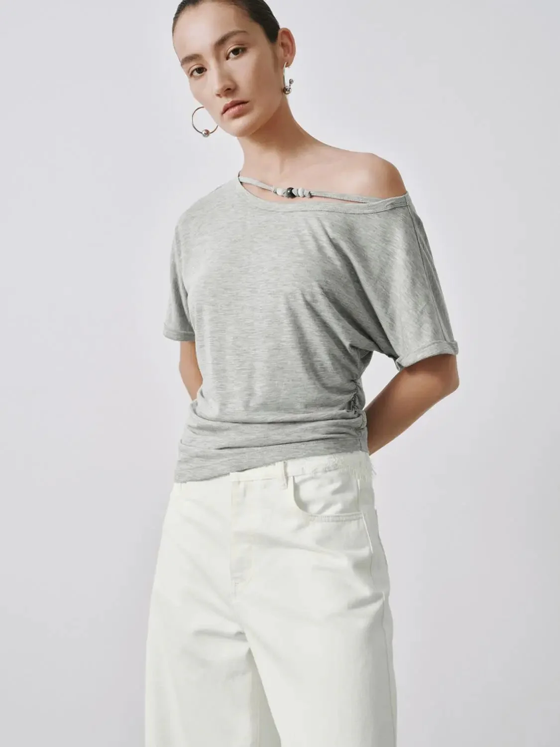 22611-heather-gray-lightweight-one-shoulder-ruched-top-2.webp Heather Gray Lightweight One Shoulder Ruched Top