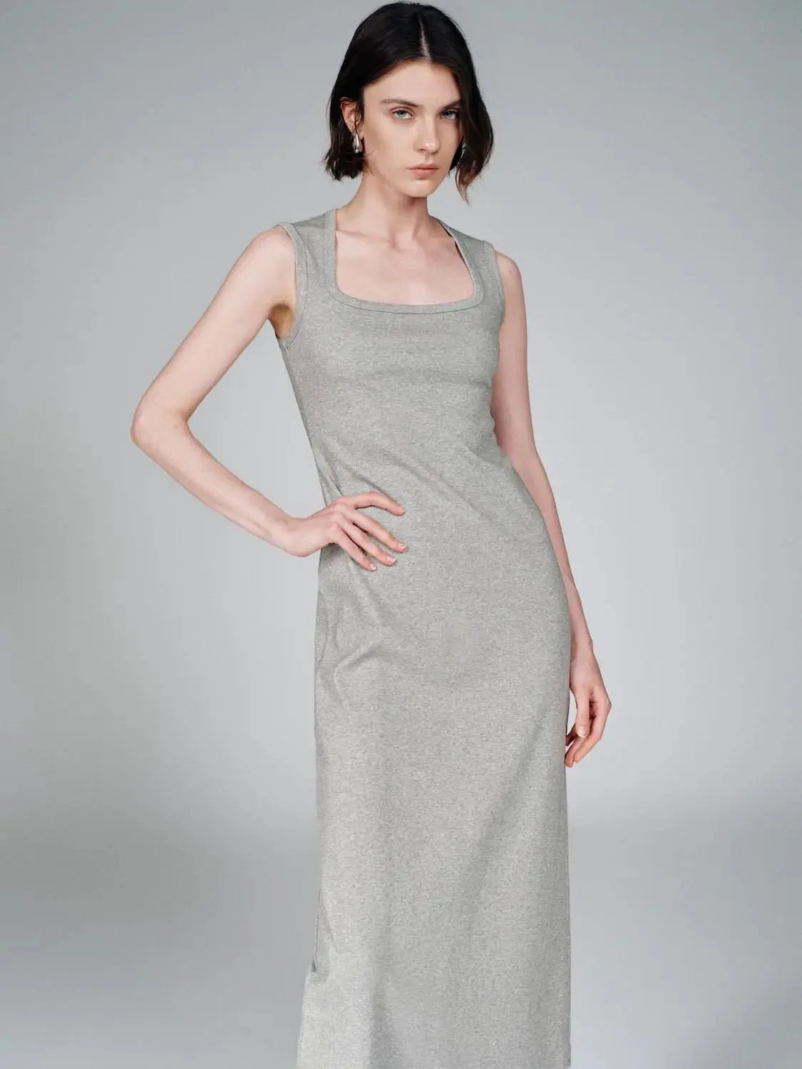 Cotton Blend U-Neck Sleeveless Skinny-Fit Midi Dress