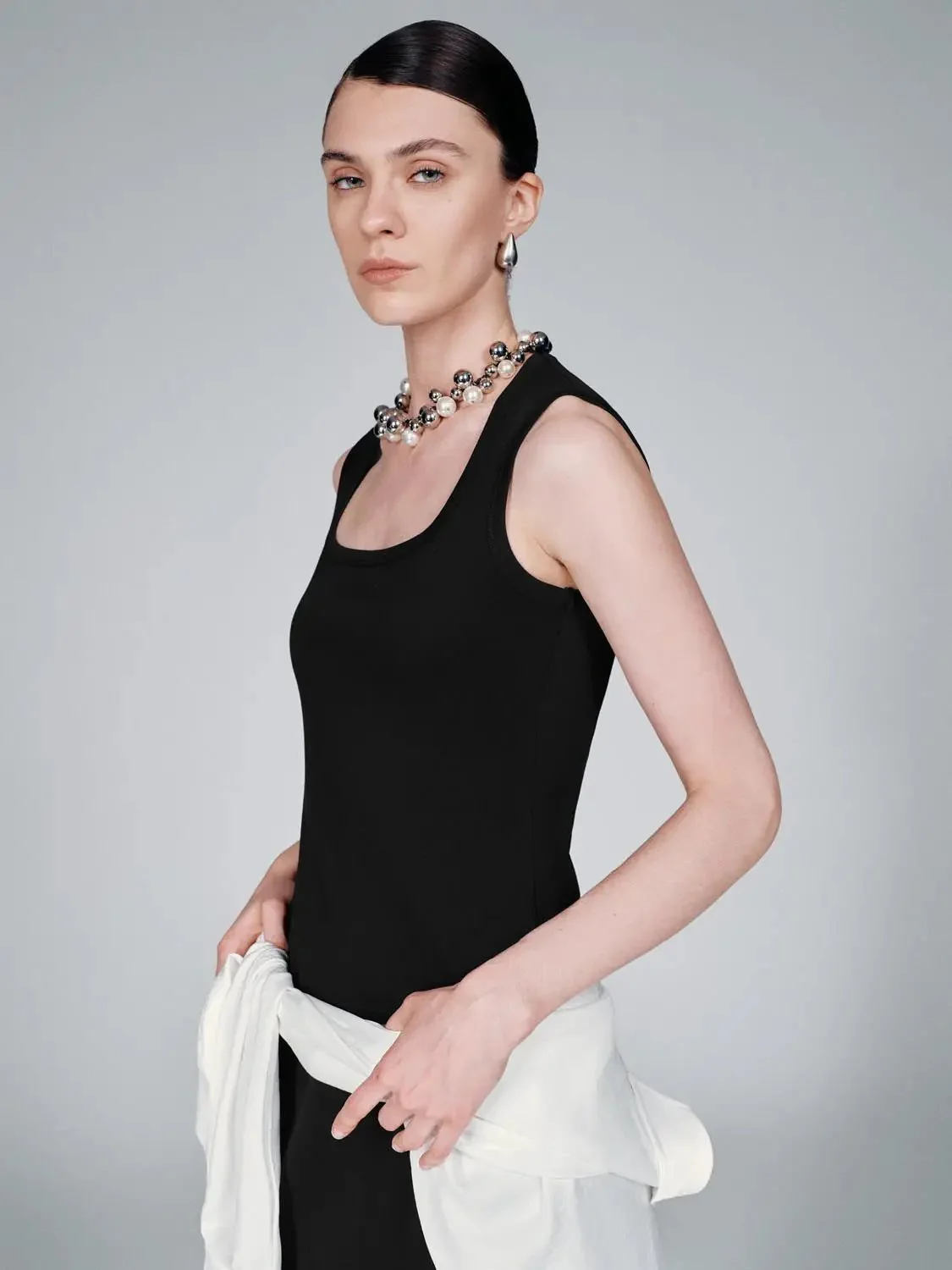 Cotton Blend U-Neck Sleeveless Skinny-Fit Midi Dress
