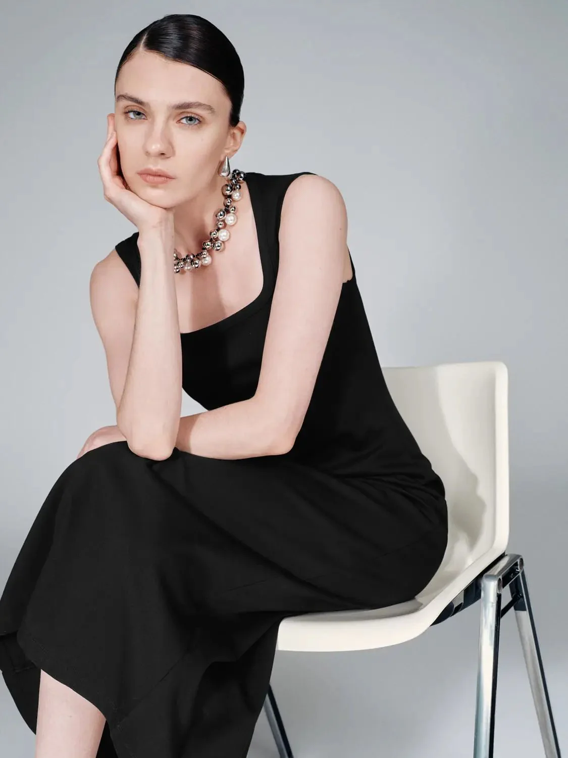 Cotton Blend U-Neck Sleeveless Skinny-Fit Midi Dress