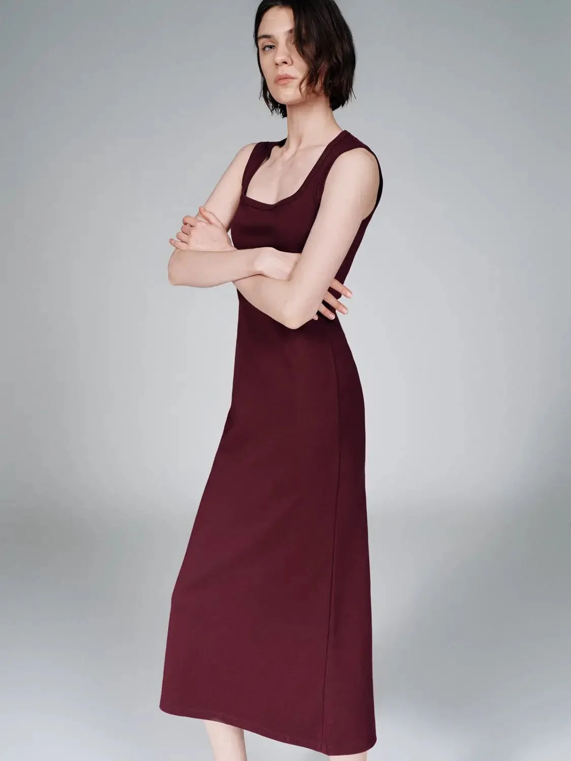 Cotton Blend U-Neck Sleeveless Skinny-Fit Midi Dress