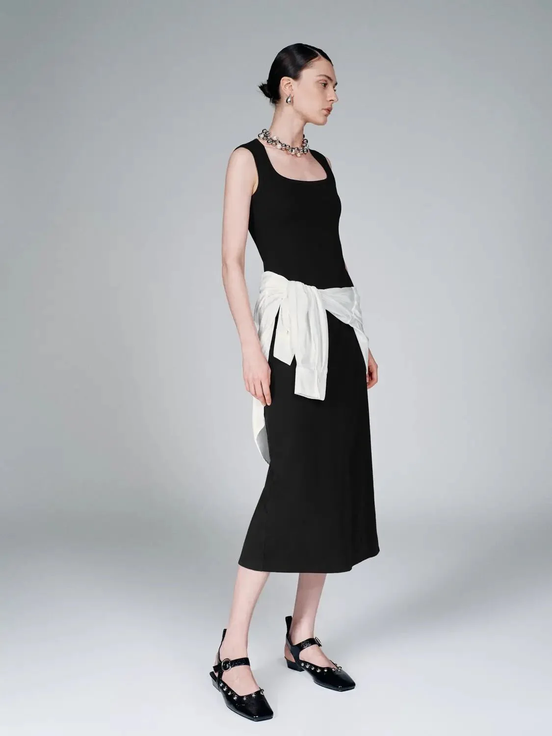 Cotton Blend U-Neck Sleeveless Skinny-Fit Midi Dress