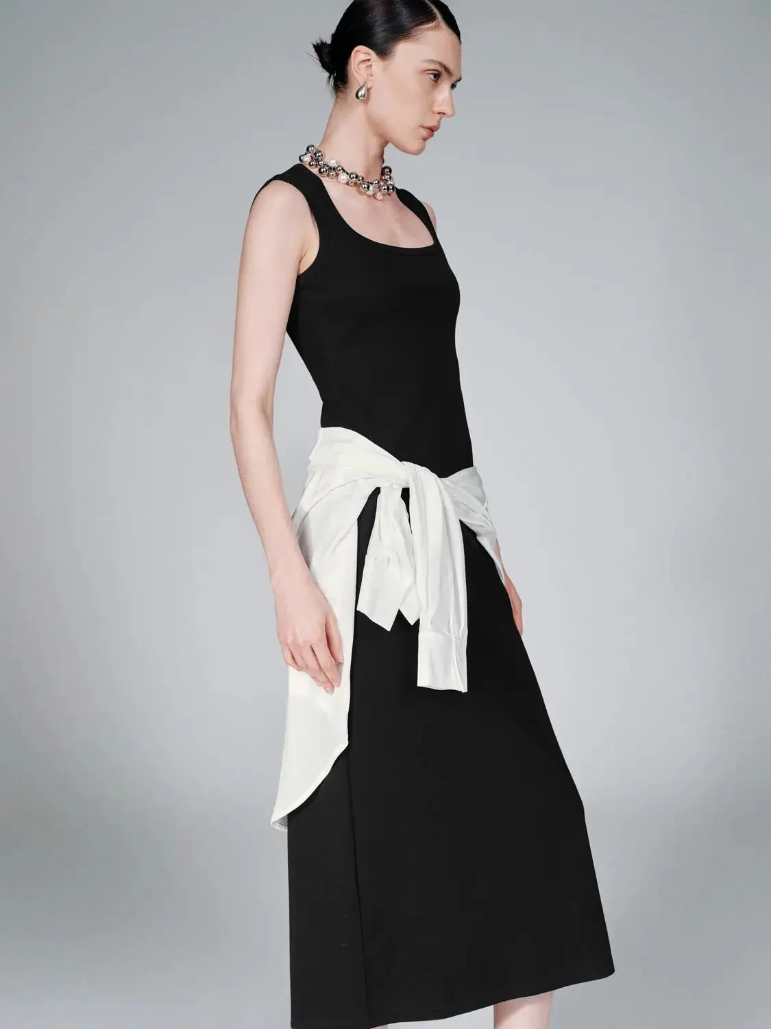 Cotton Blend U-Neck Sleeveless Skinny-Fit Midi Dress