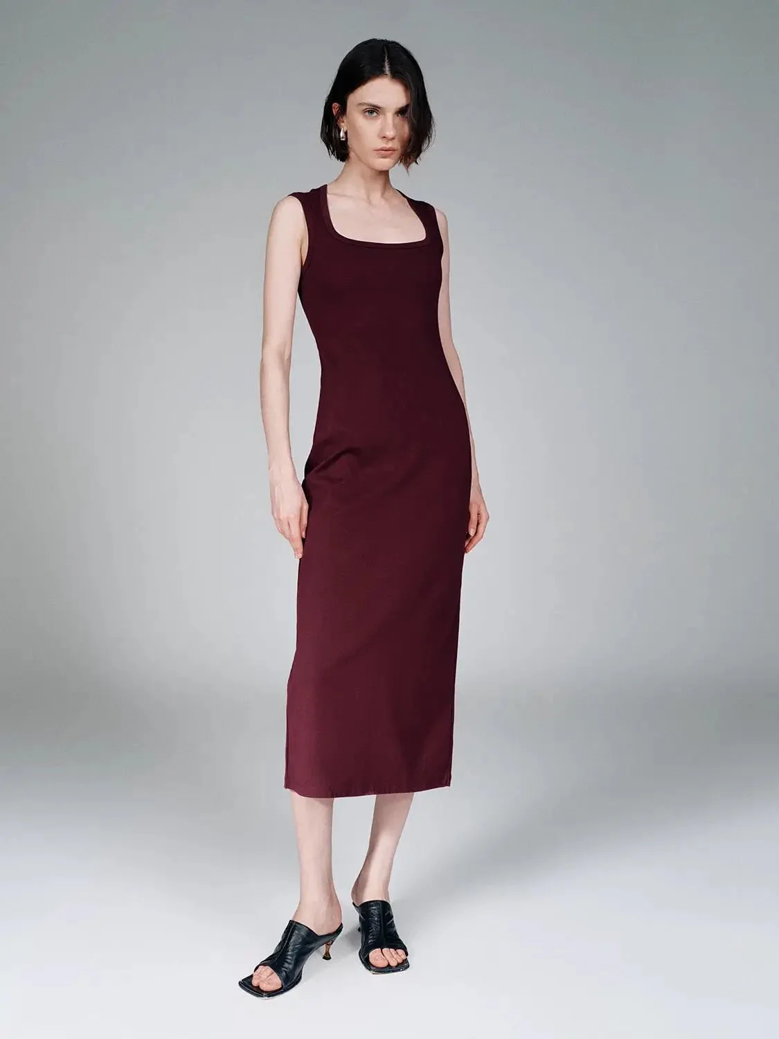 Cotton Blend U-Neck Sleeveless Skinny-Fit Midi Dress