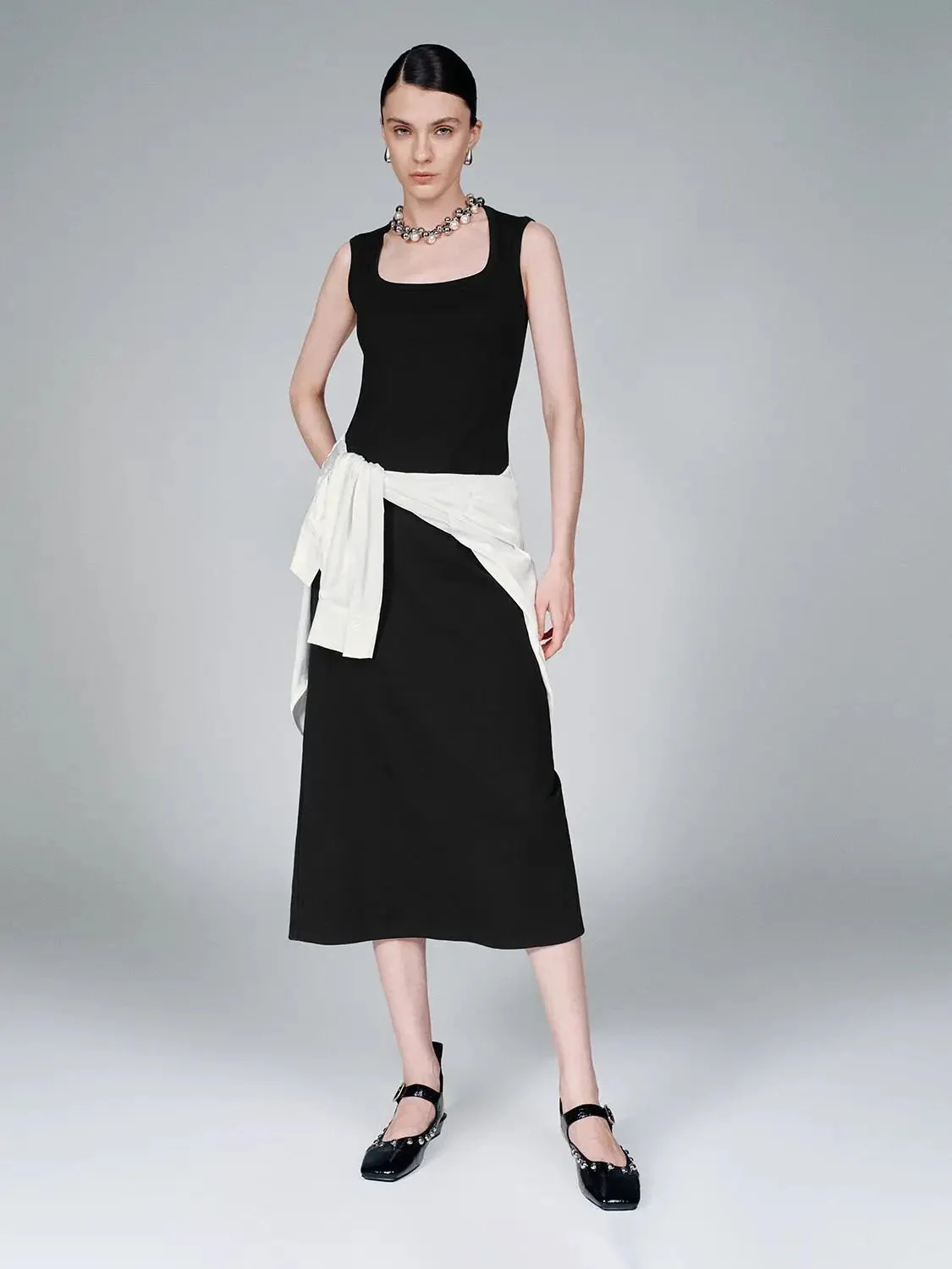 Cotton Blend U-Neck Sleeveless Skinny-Fit Midi Dress