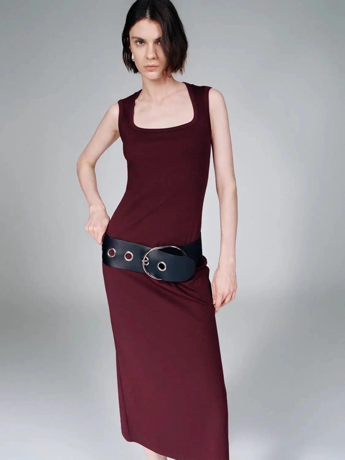 Cotton Blend U-Neck Sleeveless Skinny-Fit Midi Dress