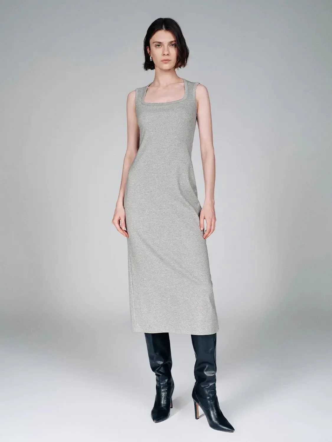 Cotton Blend U-Neck Sleeveless Skinny-Fit Midi Dress