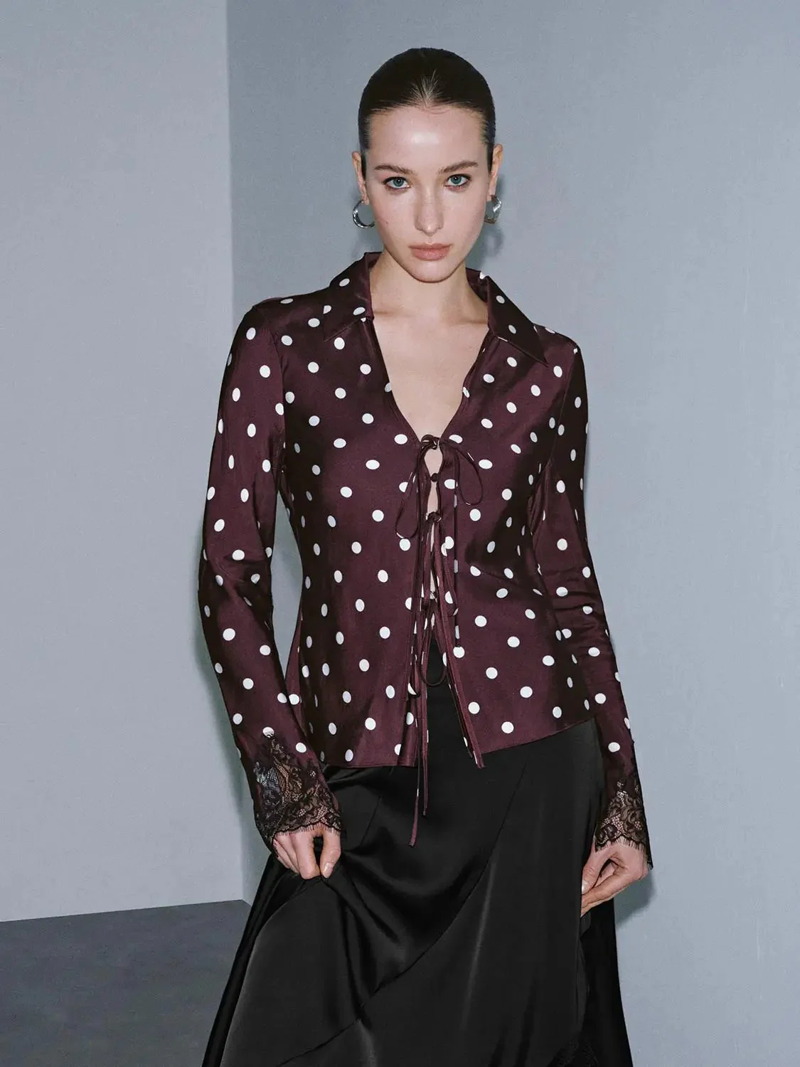 22722-polka-dotted-lace-trim-v-neck-laced-up-shirts-1.webp Polka Dotted Lace Trim V-Neck Laced-Up Shirts