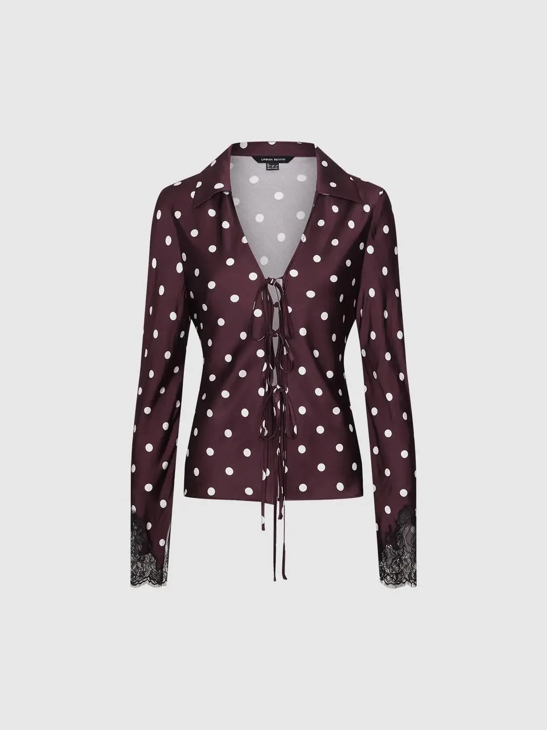 22722-polka-dotted-lace-trim-v-neck-laced-up-shirts-7.webp Polka Dotted Lace Trim V-Neck Laced-Up Shirts
