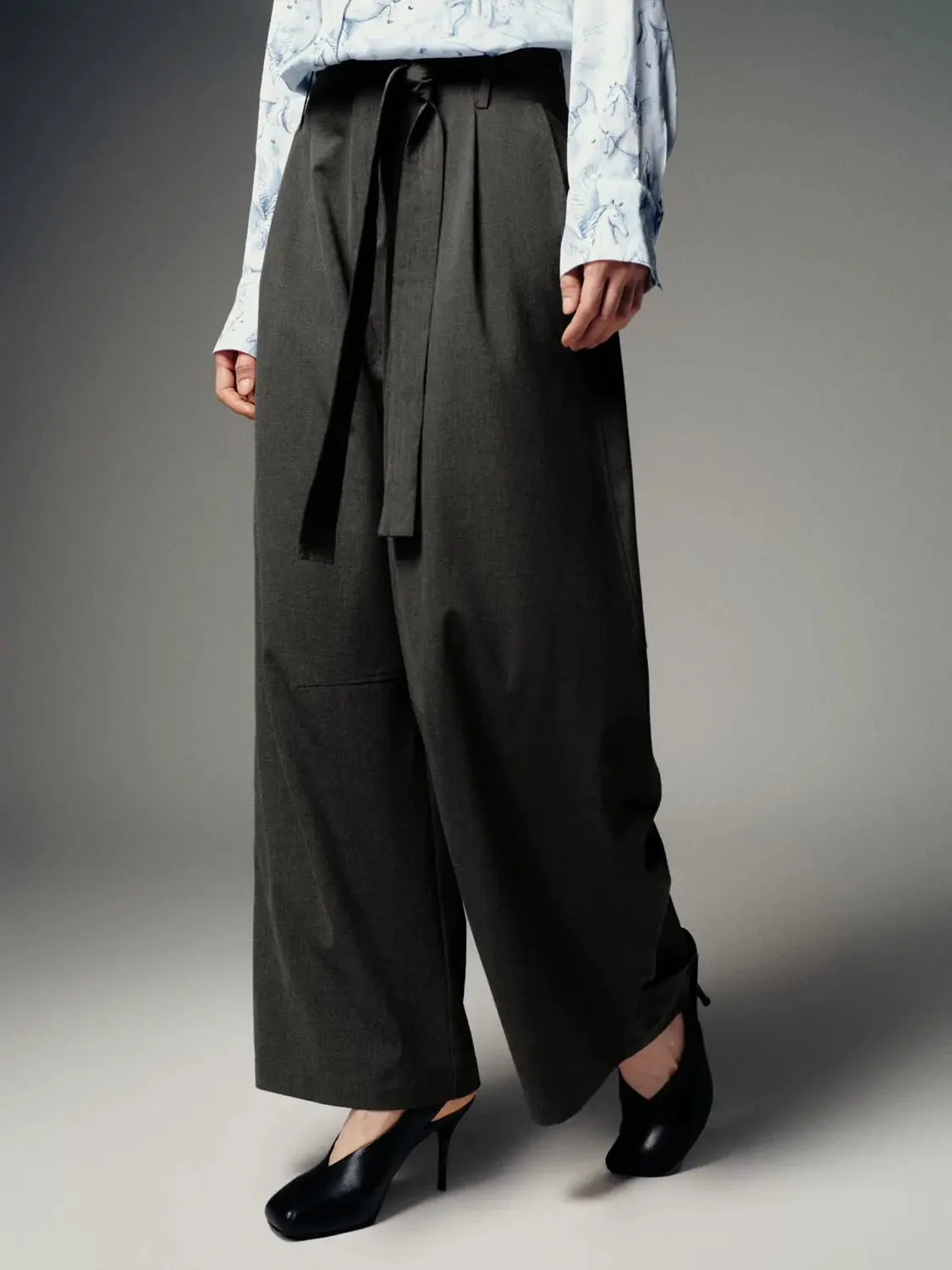 Tie Belt Tailored Pleated Barrel Leg Pants