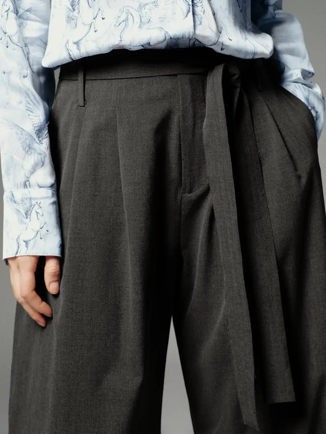 Tie Belt Tailored Pleated Barrel Leg Pants