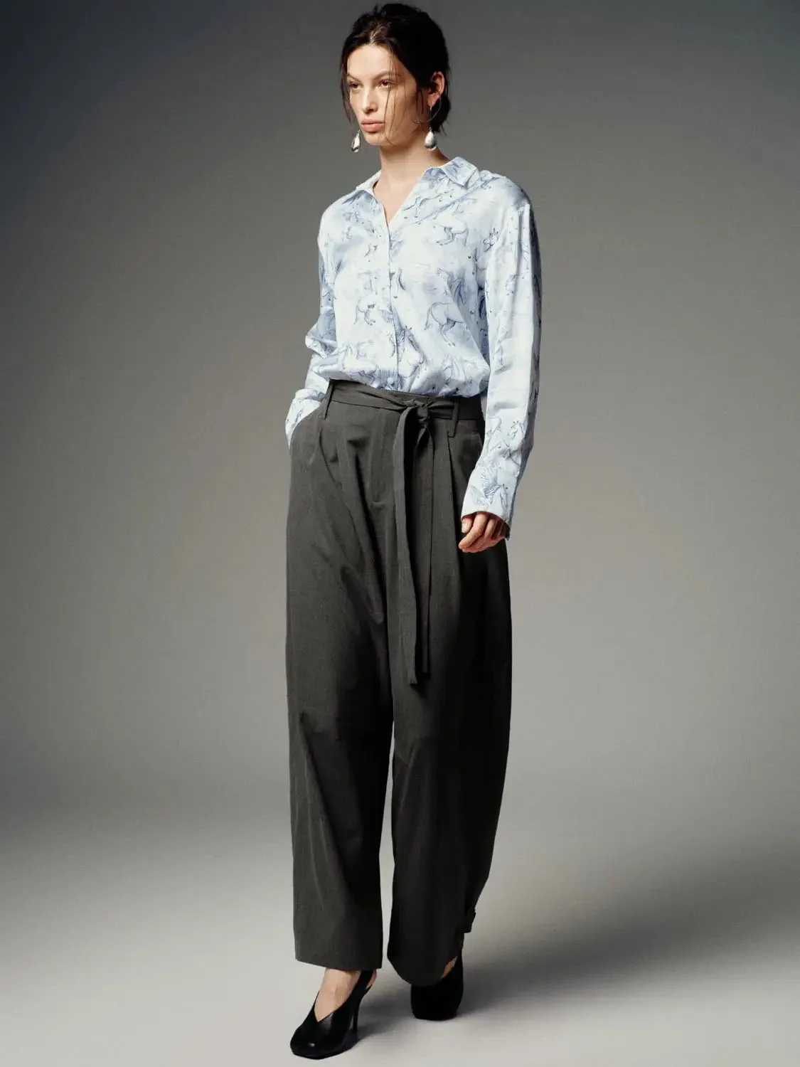 Tie Belt Tailored Pleated Barrel Leg Pants