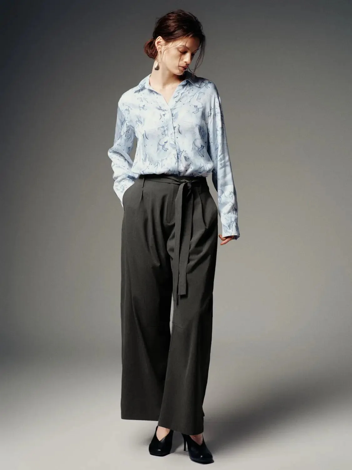 Tie Belt Tailored Pleated Barrel Leg Pants