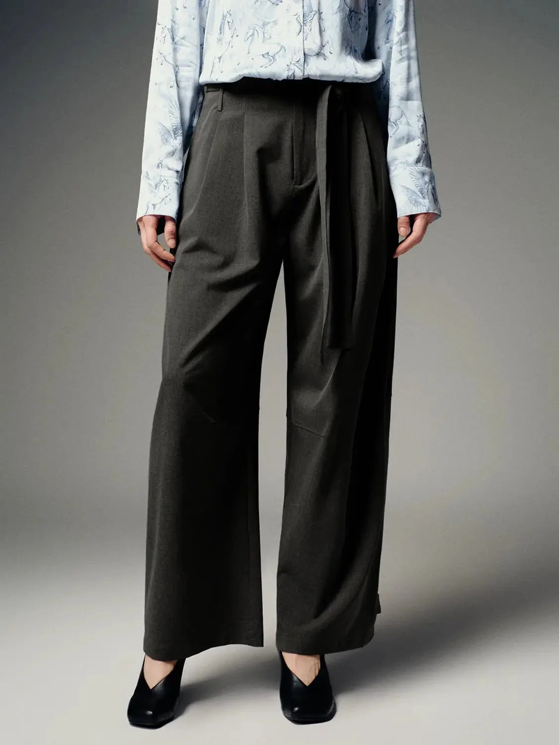 Tie Belt Tailored Pleated Barrel Leg Pants