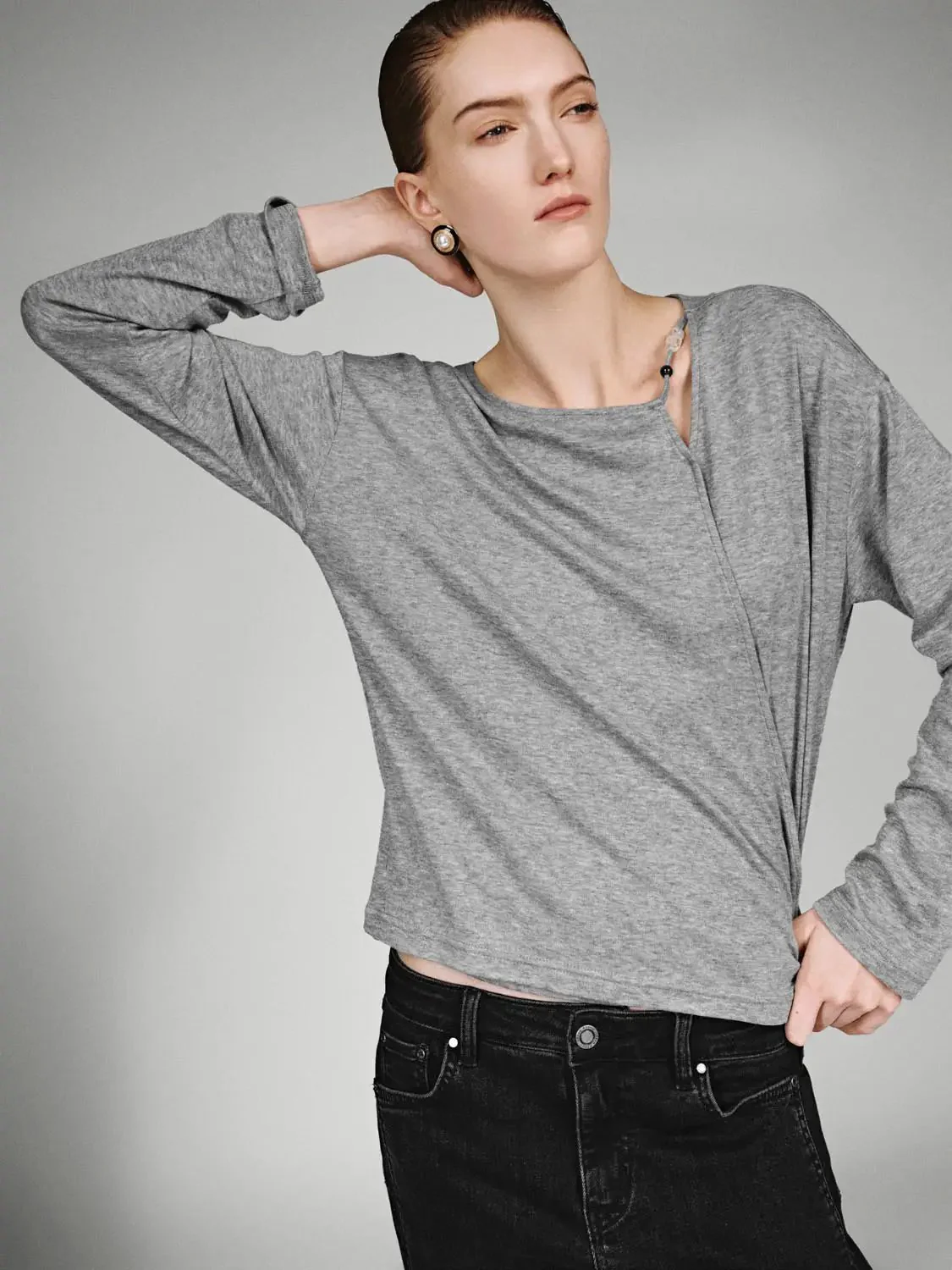 Lyocell Wool Blend Asymmetric Long Sleeve T Shirts