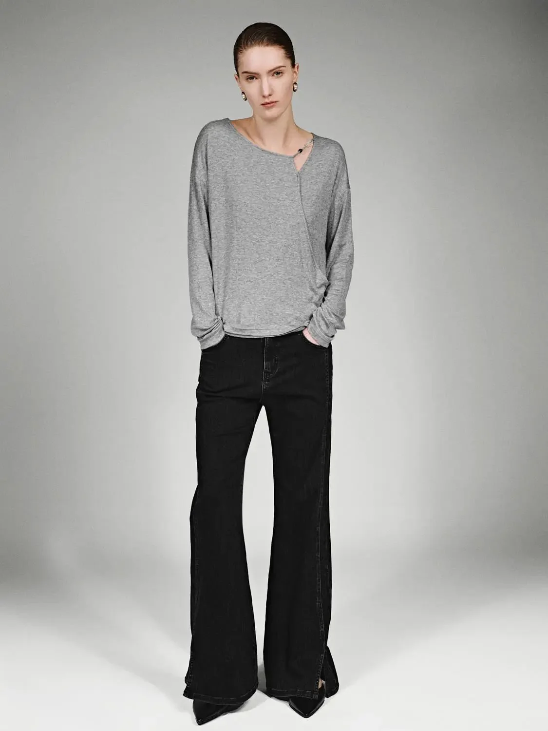 Lyocell Wool Blend Asymmetric Long Sleeve T Shirts