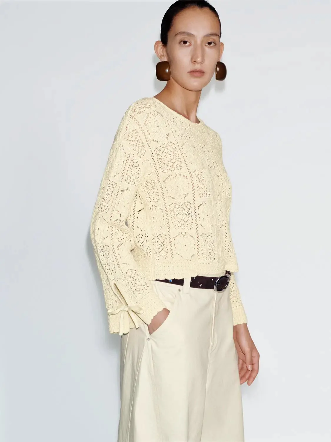 Crew Neck Open Knitted Long Sleeve T-Shirts