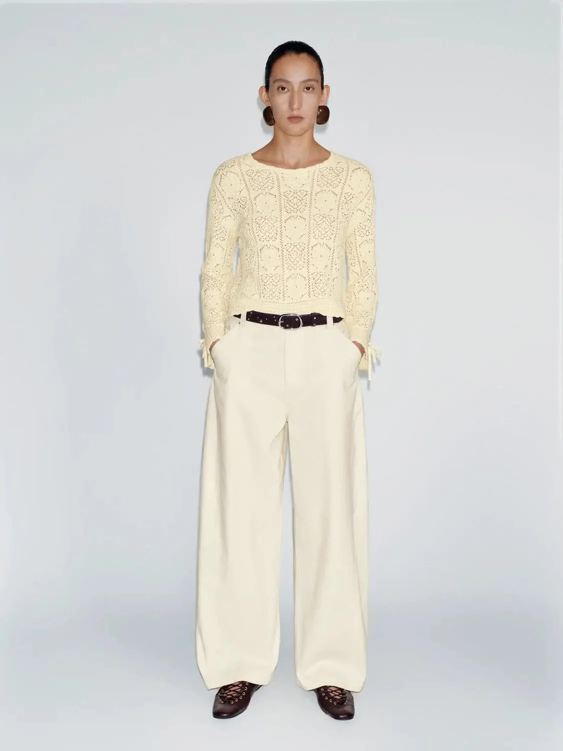 Crew Neck Open Knitted Long Sleeve T-Shirts