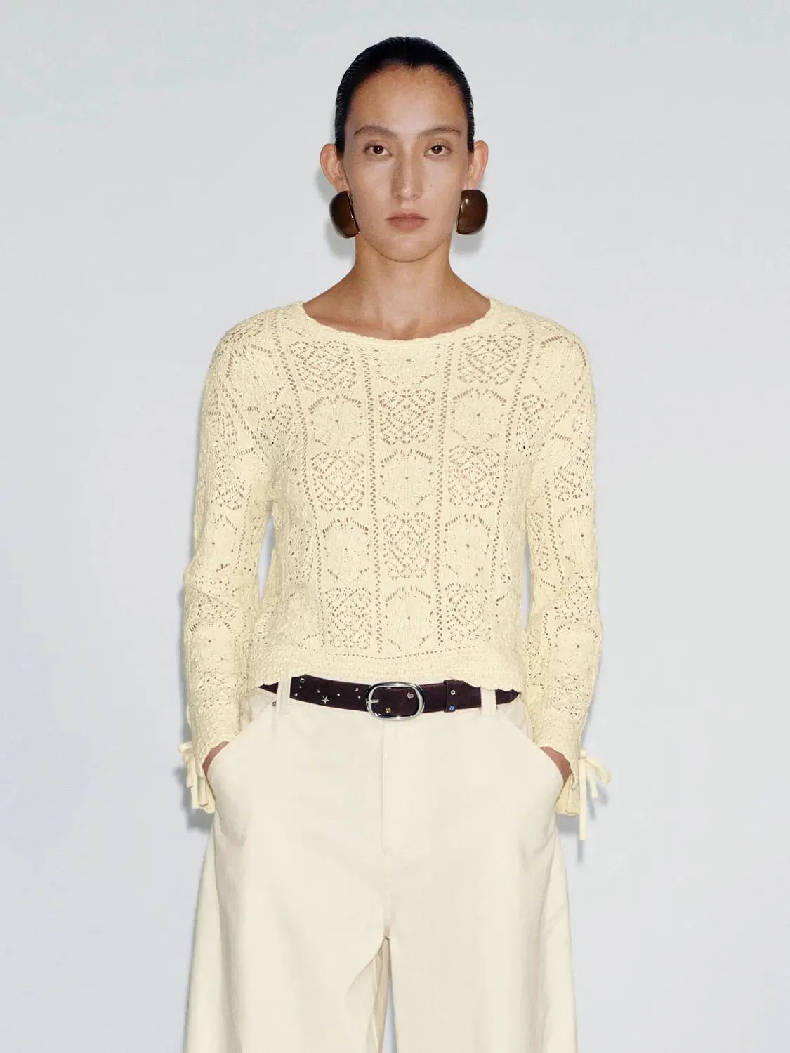 Crew Neck Open Knitted Long Sleeve T-Shirts