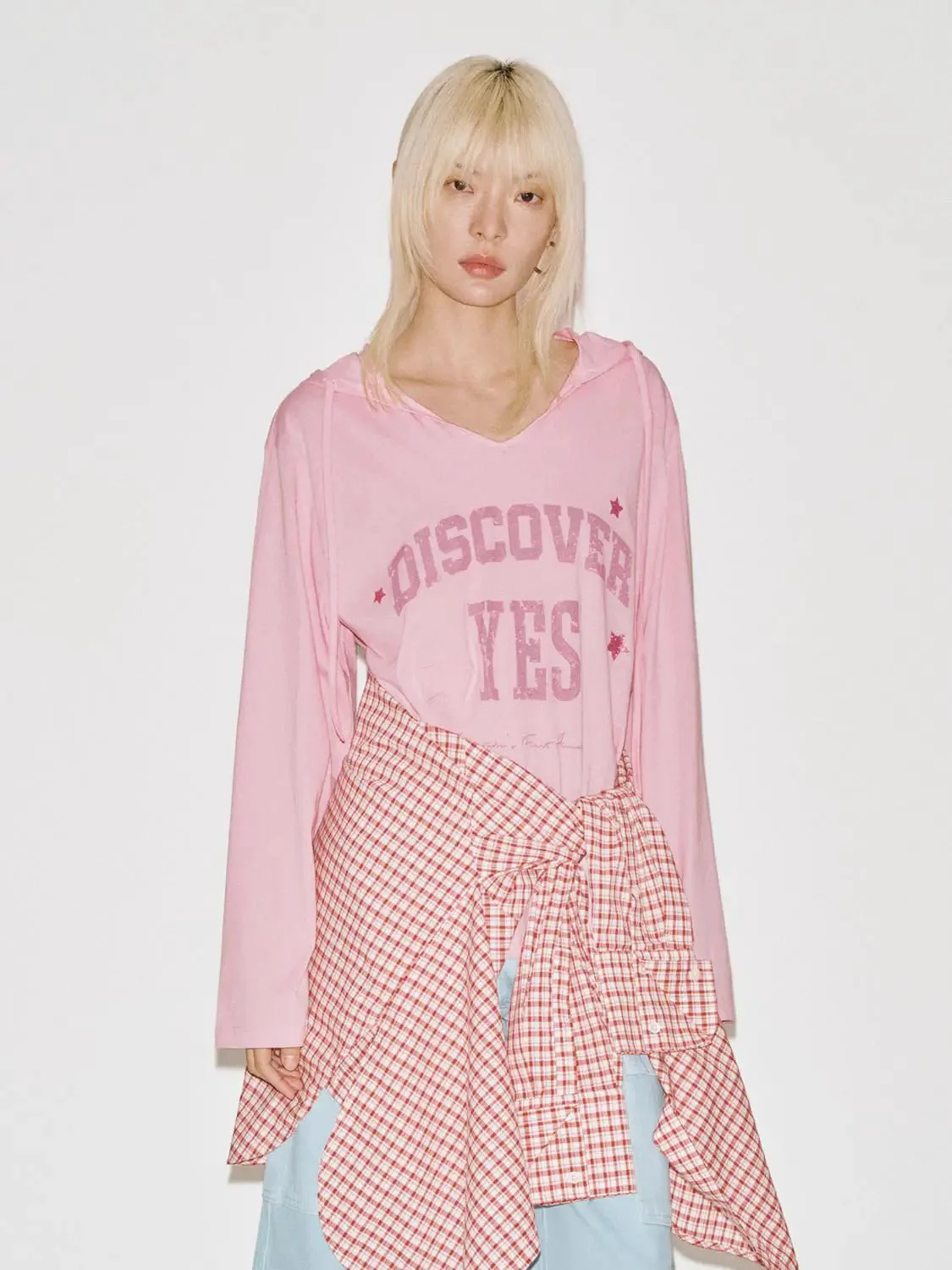 Cotton Blend Hooded Drawstring Long Sleeve T Shirts