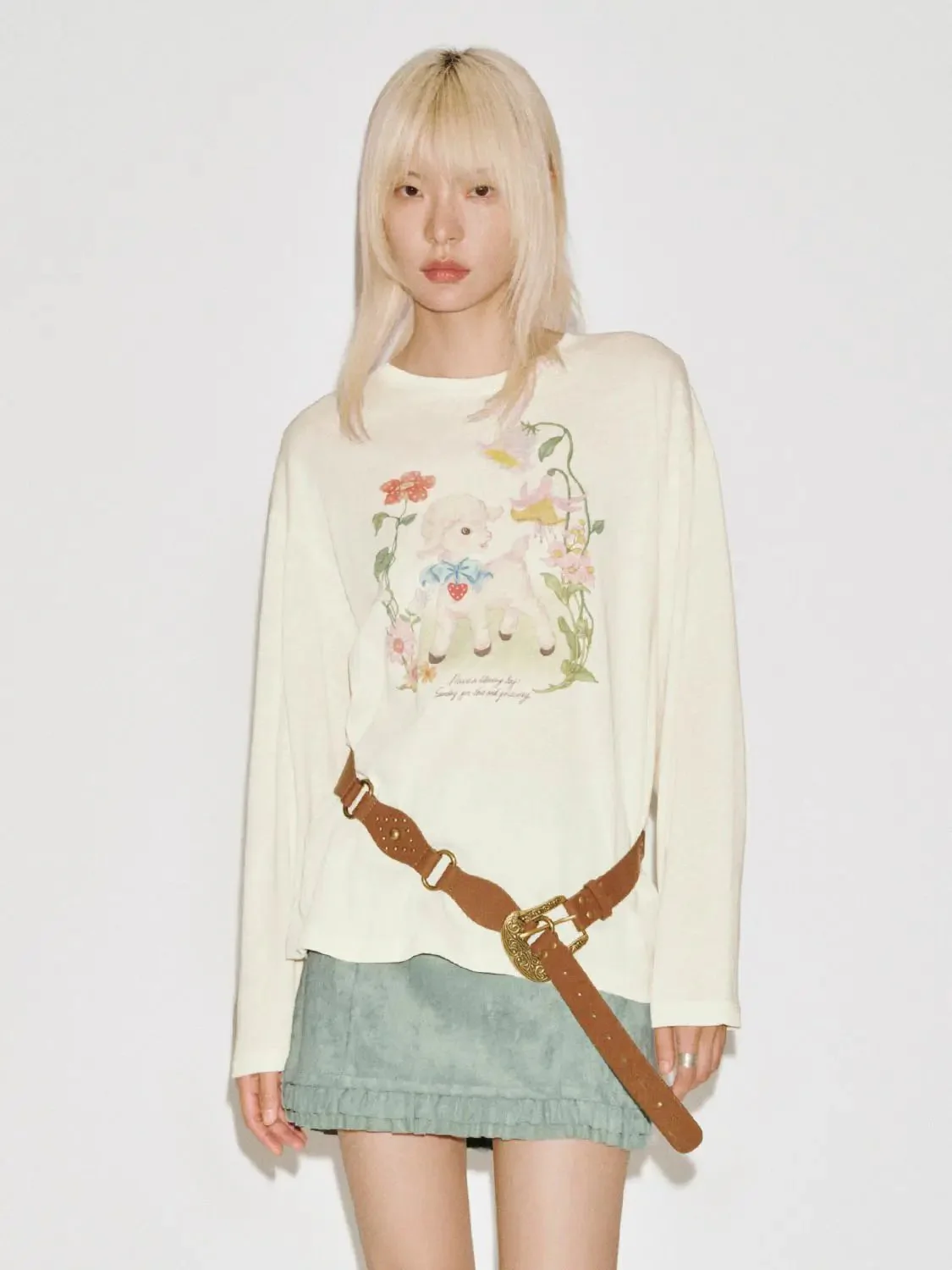 Floral Bear Print Crew Neck Long Sleeve Tshirts