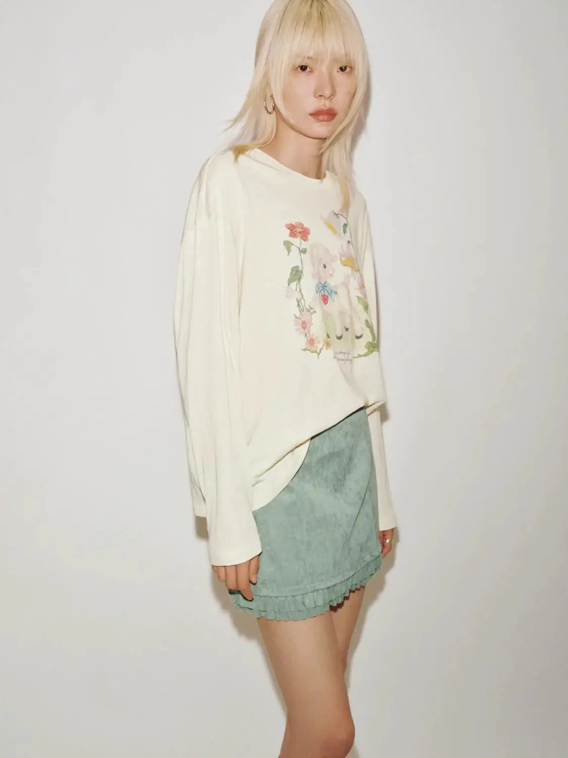 Floral Bear Print Crew Neck Long Sleeve Tshirts
