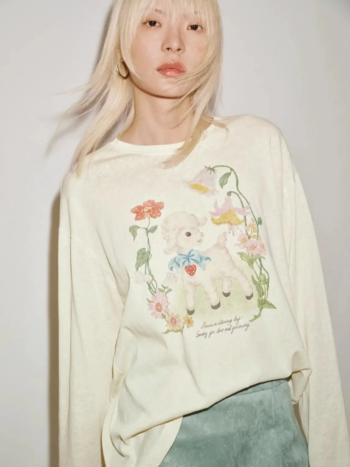 Floral Bear Print Crew Neck Long Sleeve Tshirts