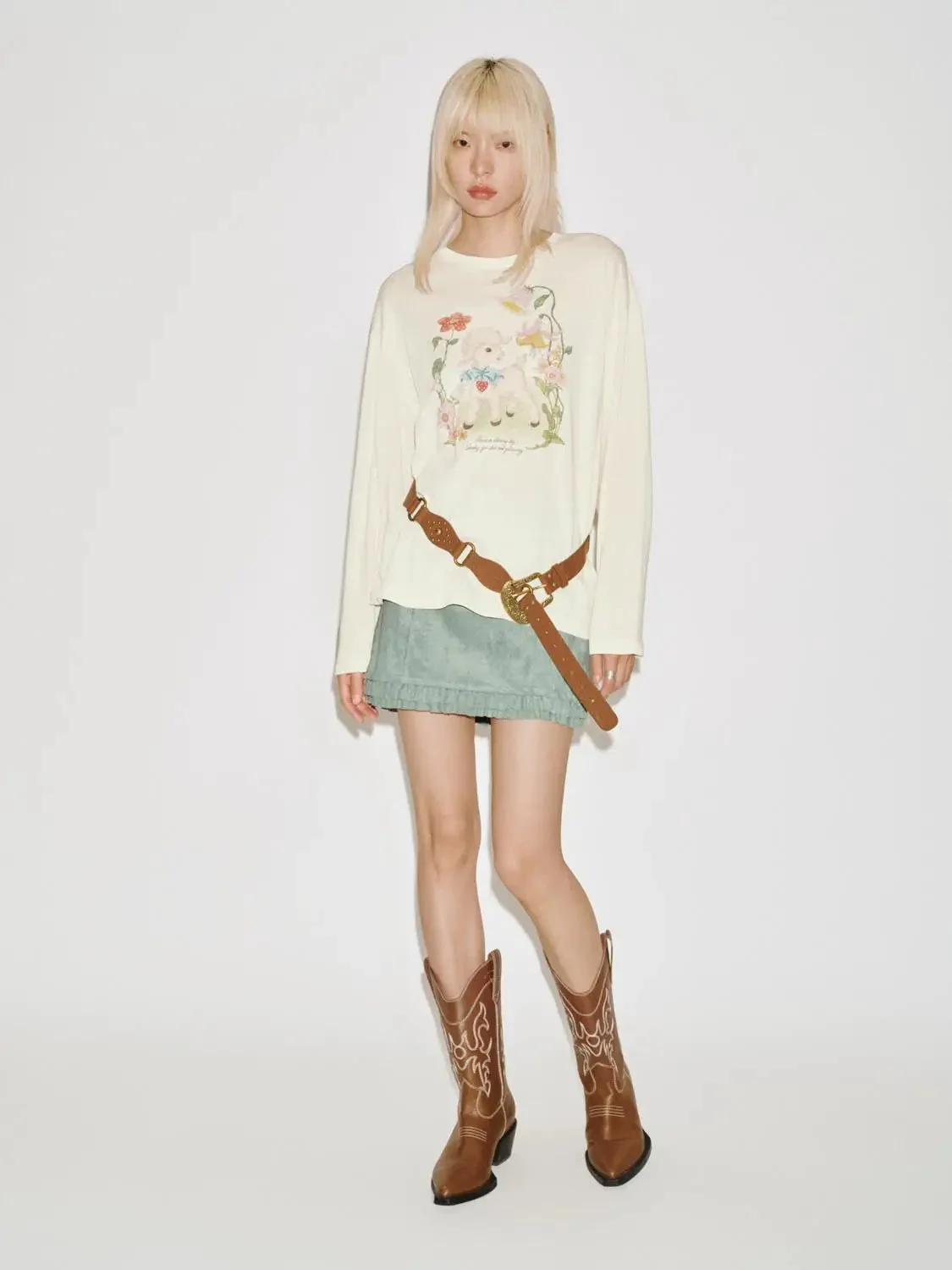 Floral Bear Print Crew Neck Long Sleeve Tshirts