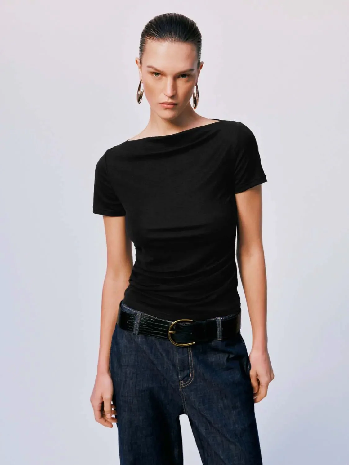 23028-lyocell-blend-boat-neck-ruched-skinny-shirt-1.webp Lyocell Blend Boat Neck Ruched Skinny Shirt