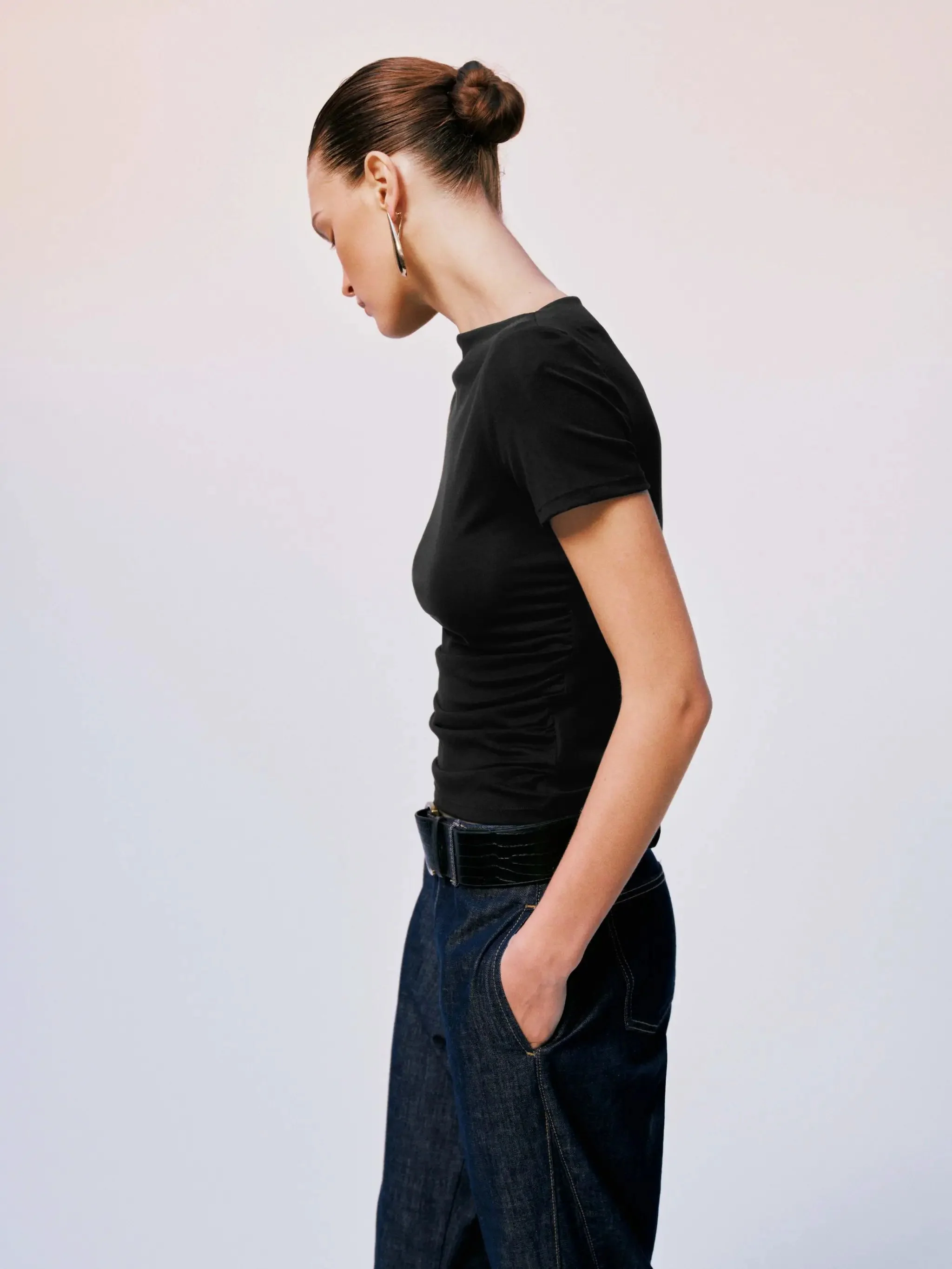 23028-lyocell-blend-boat-neck-ruched-skinny-shirt-2.webp Lyocell Blend Boat Neck Ruched Skinny Shirt