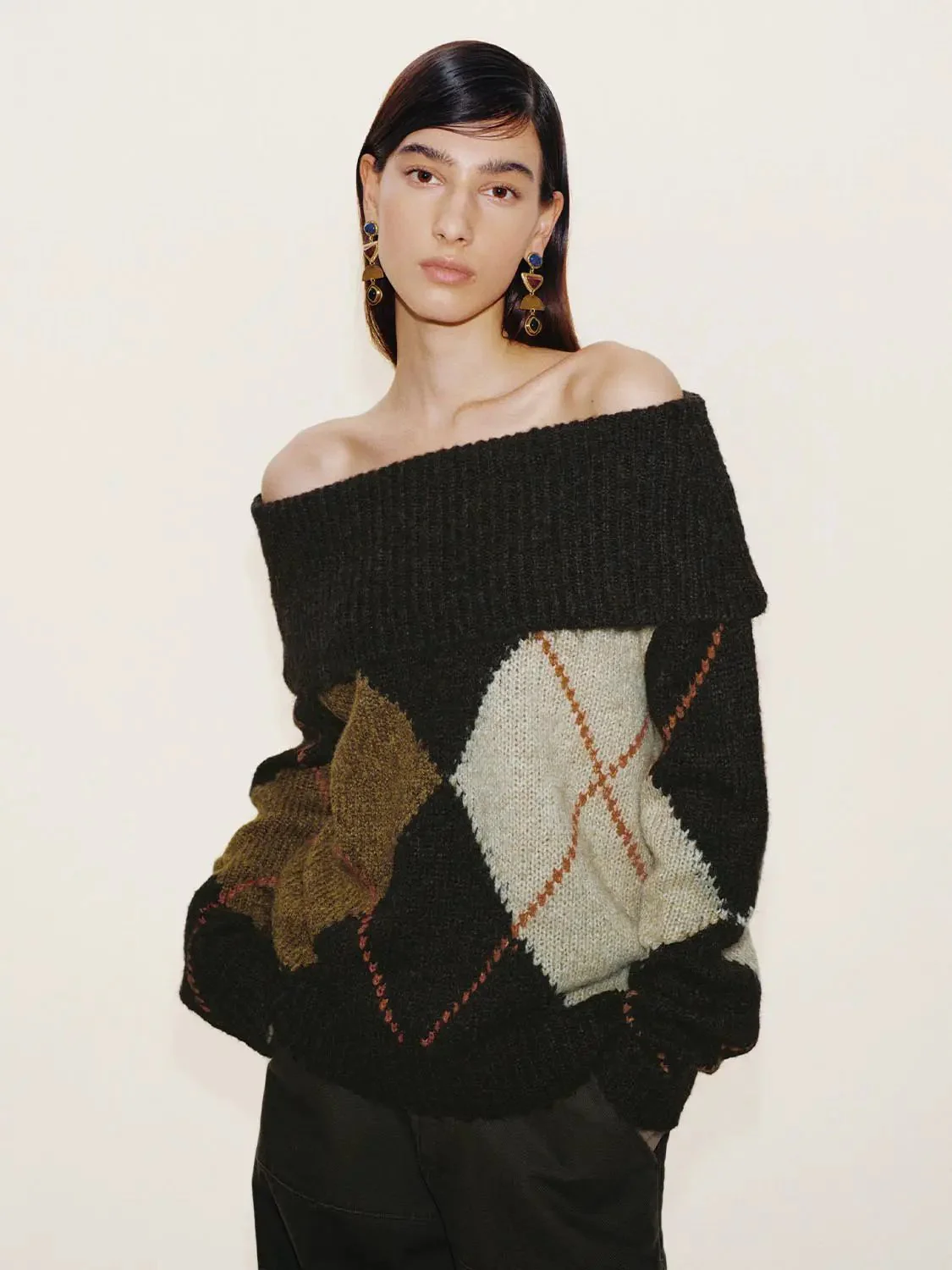 Off Shoulder Folded Argyle Long Sleeve Knitted T-Shirts