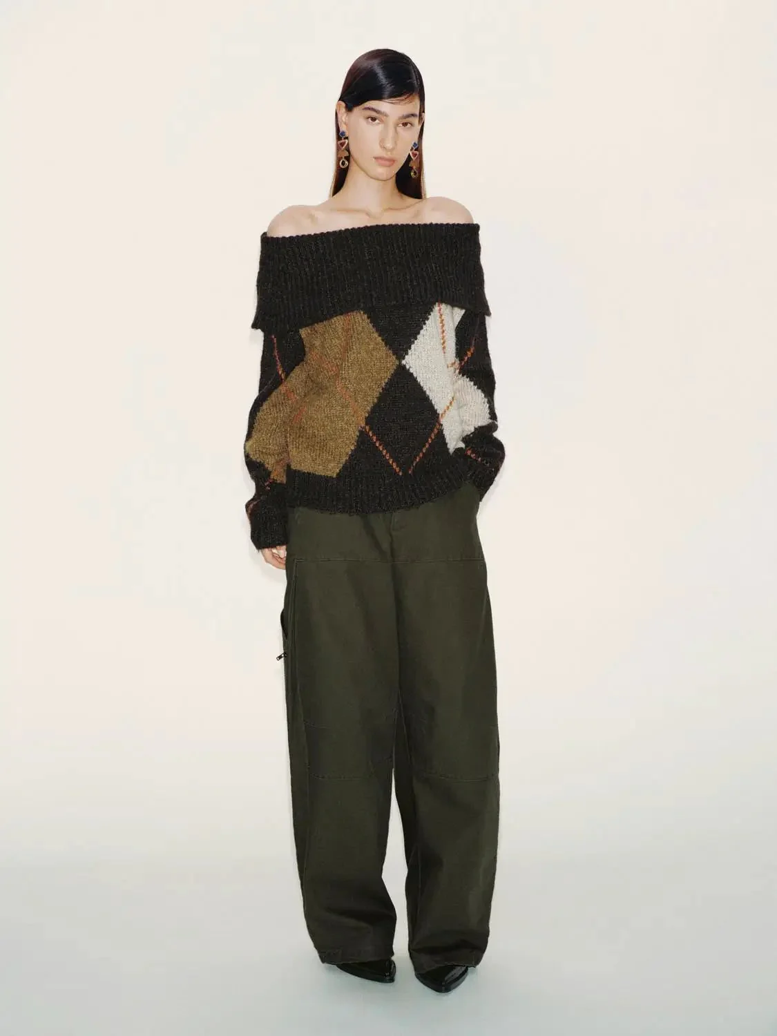 Off Shoulder Folded Argyle Long Sleeve Knitted T-Shirts