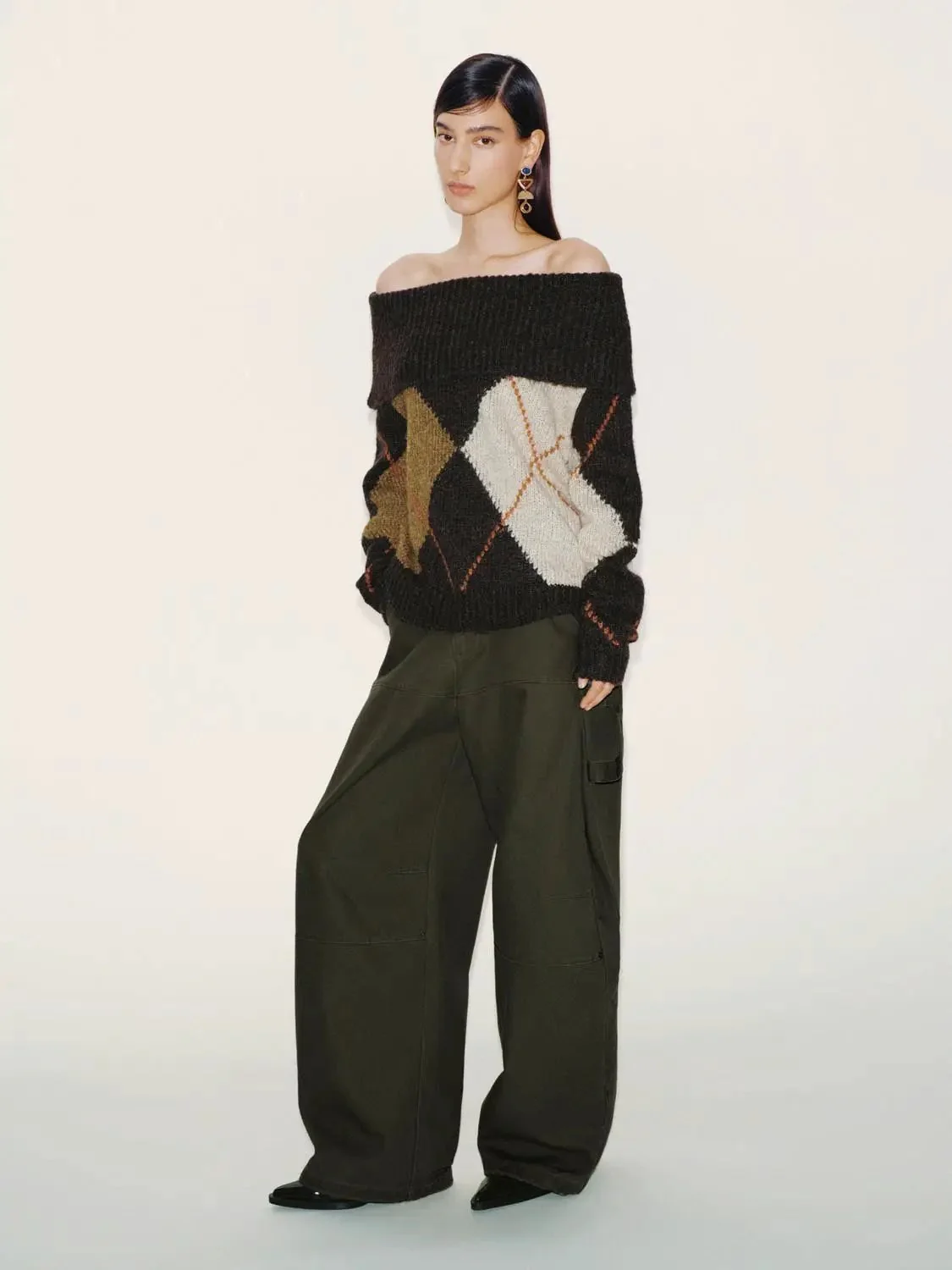 Off Shoulder Folded Argyle Long Sleeve Knitted T-Shirts