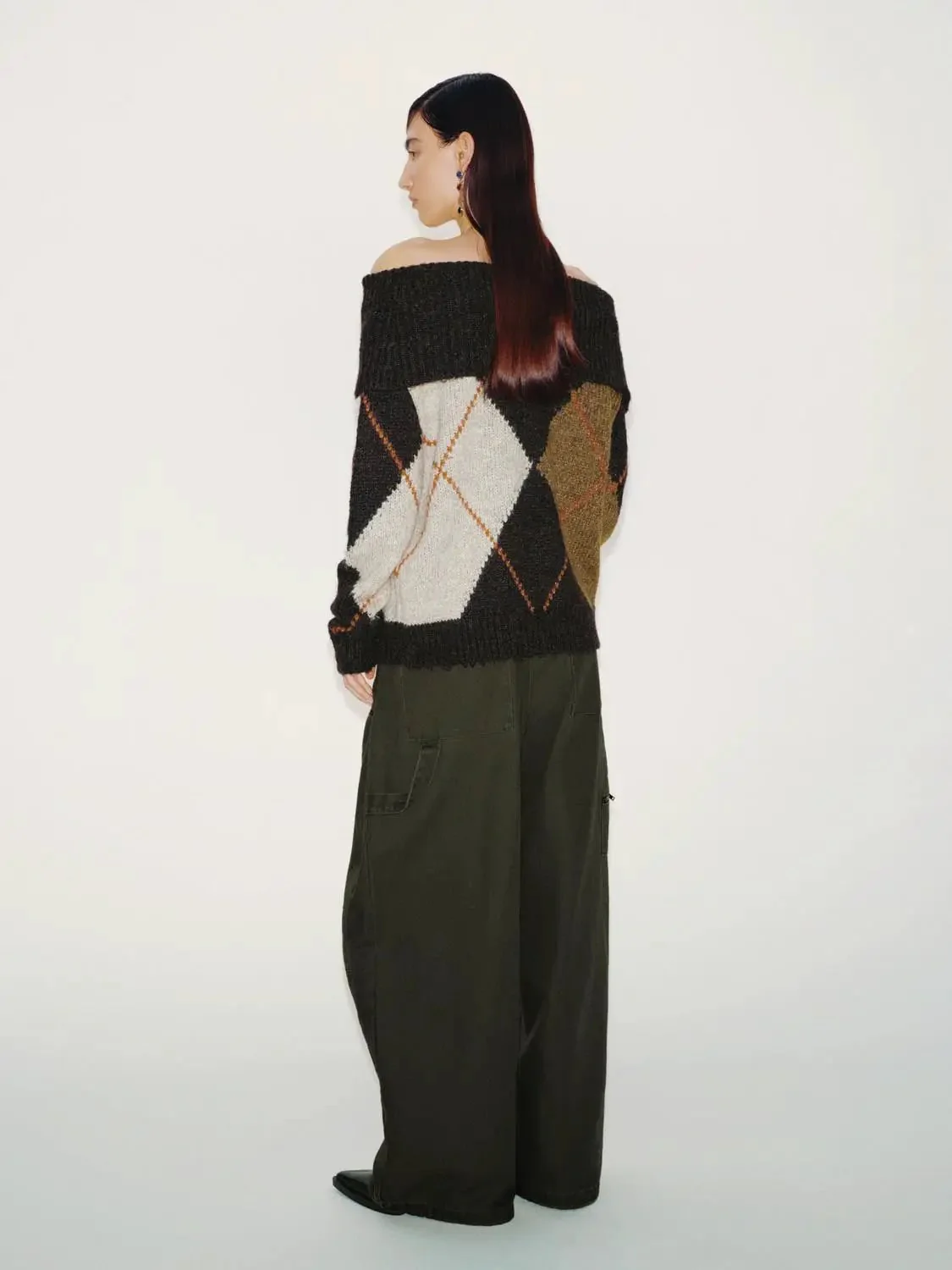 Off Shoulder Folded Argyle Long Sleeve Knitted T-Shirts